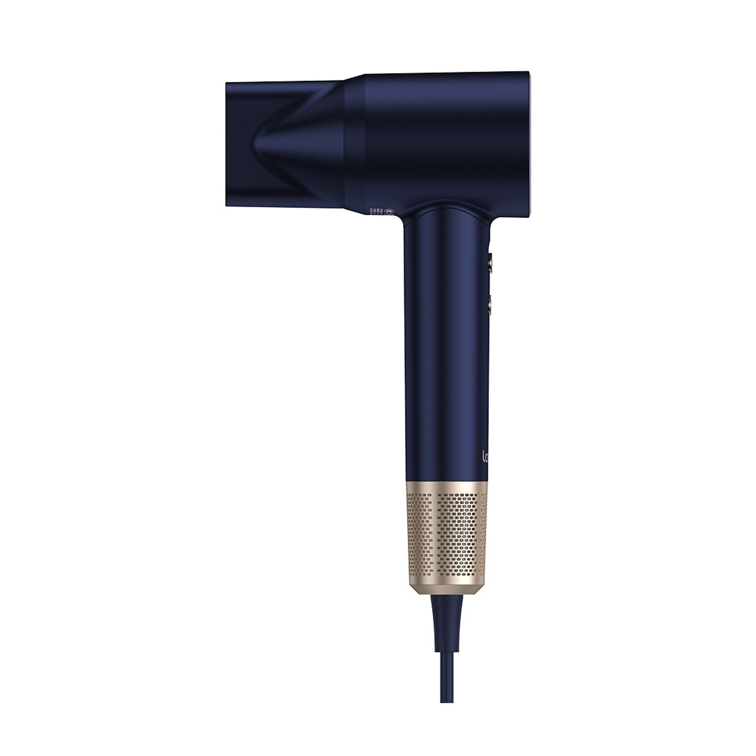 Asciugacapelli, blu navy con dettagli dorati, manico dritto, sfondo bianco.