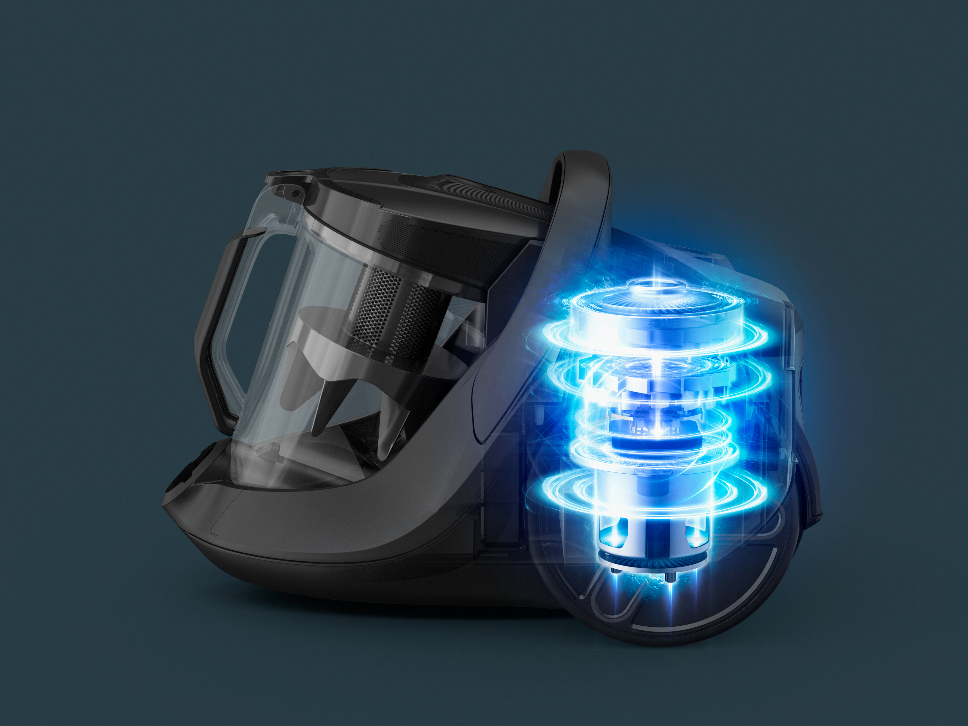 Schwarzer Staubsauger mit blauem Lichteffekt um den Motor, zeigt Innenteile.