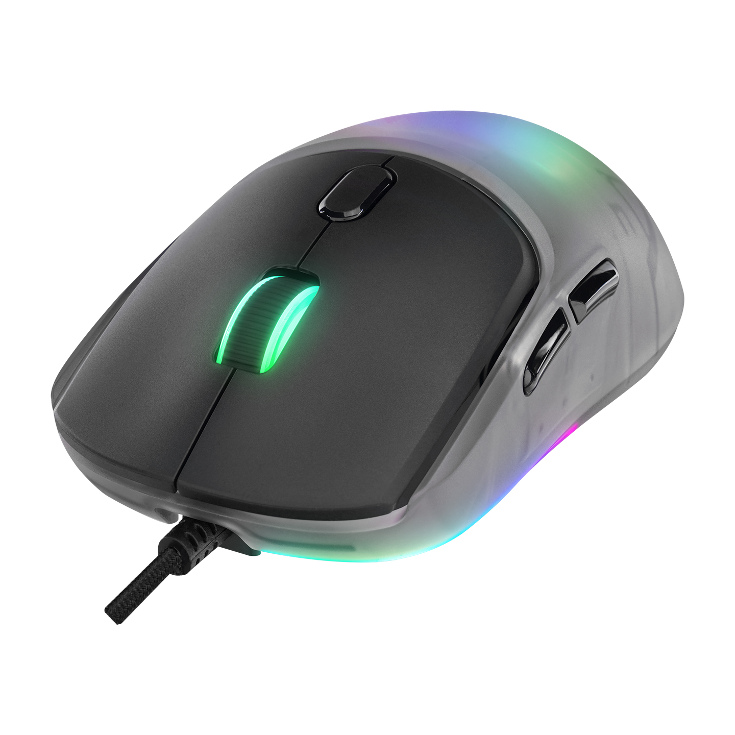 RGB aydınlatmalı gri bir oyun faresi. Siyah bir kablo bağlı, beyaz bir yüzey üzerinde.