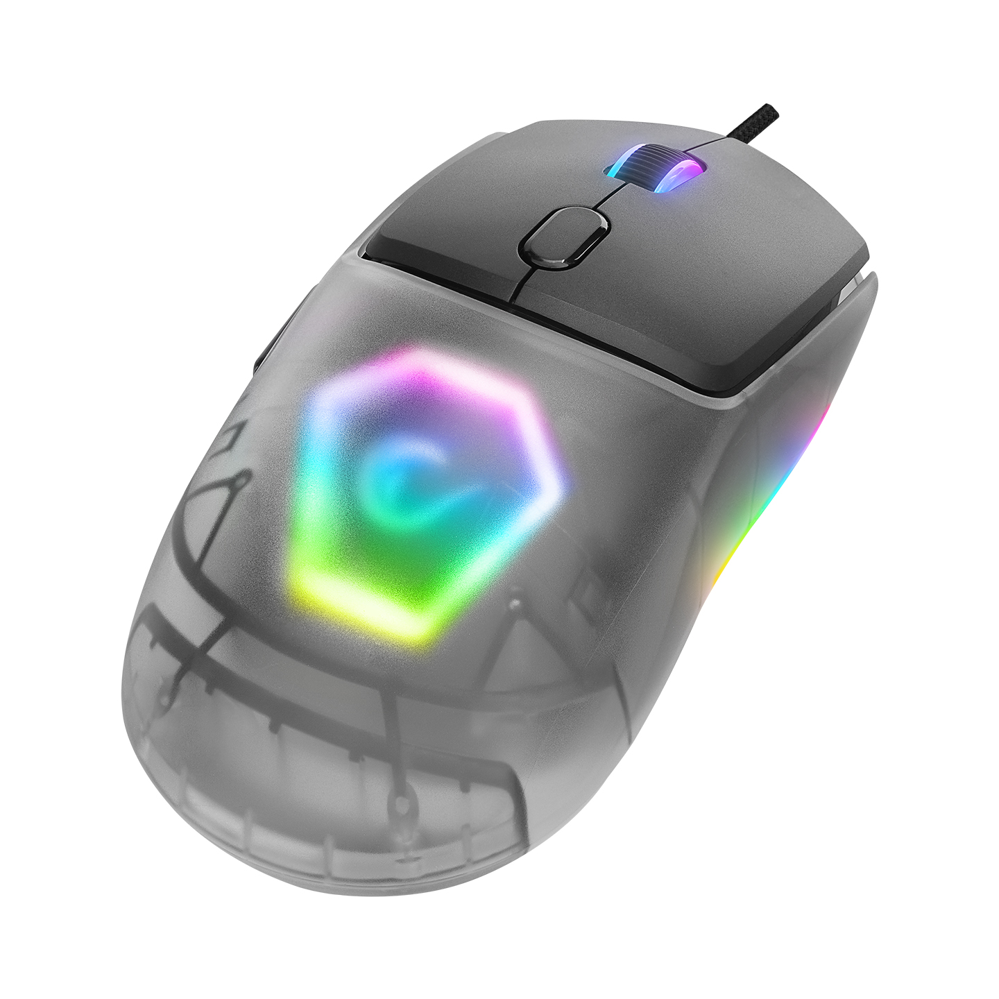 Şeffaf kabuk, RGB ışıkları ve düğmeleri olan oyun faresi.