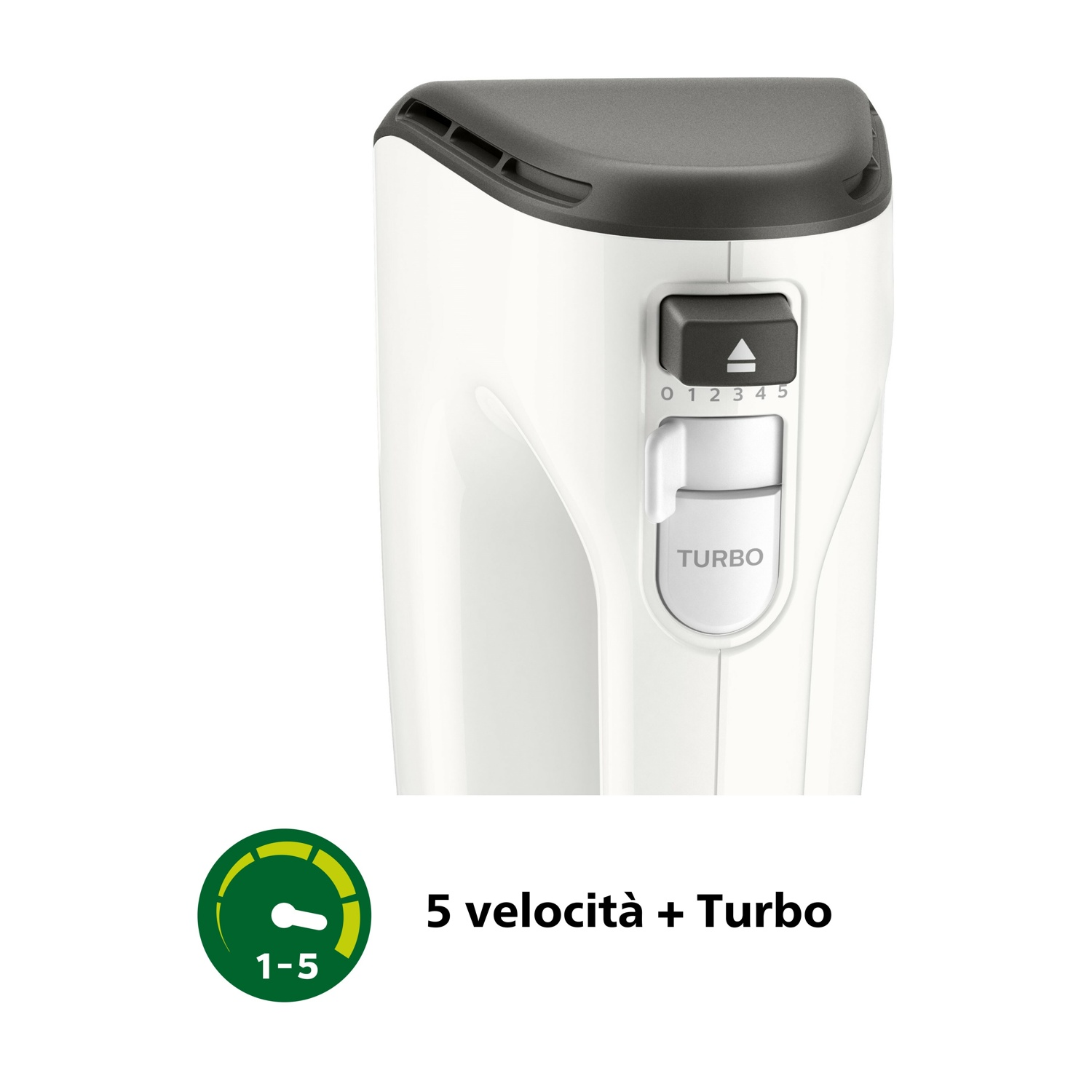 Primo piano di un frullatore a immersione bianco con pulsante turbo nero e impostazioni di velocità.
