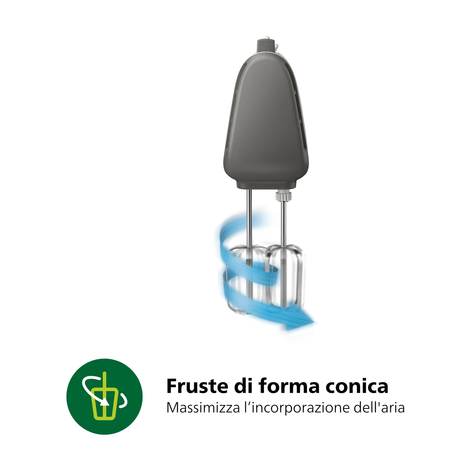 Frullatore a mano con manico grigio e fruste argentate. Cerchio verde: 'Fruste di forma conica'.