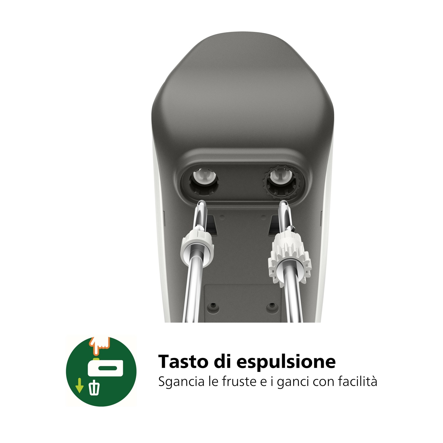 Base del mixer, due accessori in mostra, con testo.