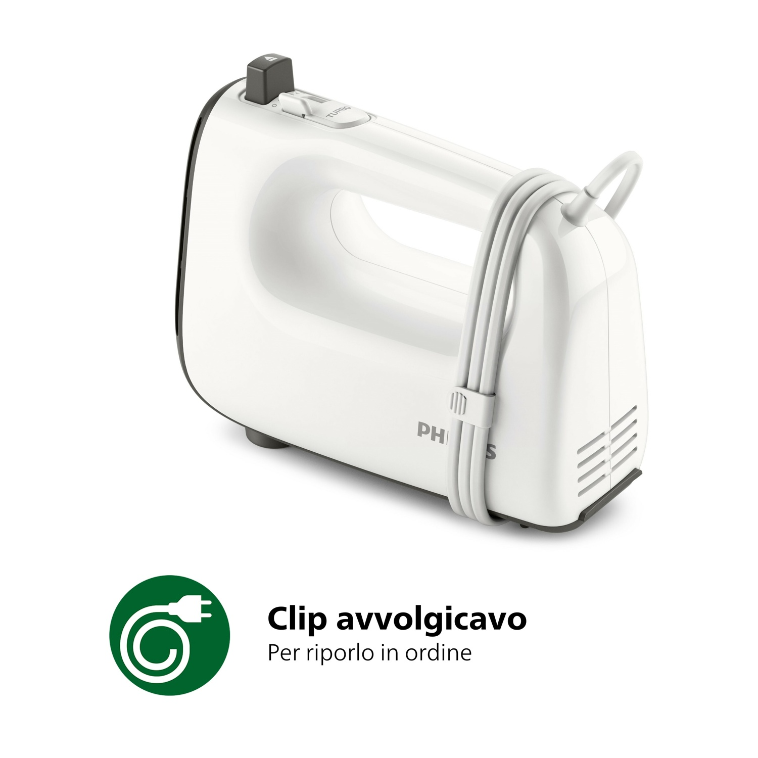 Frullatore a mano bianco con cavo avvolto. Ha un pulsante Turbo nero.