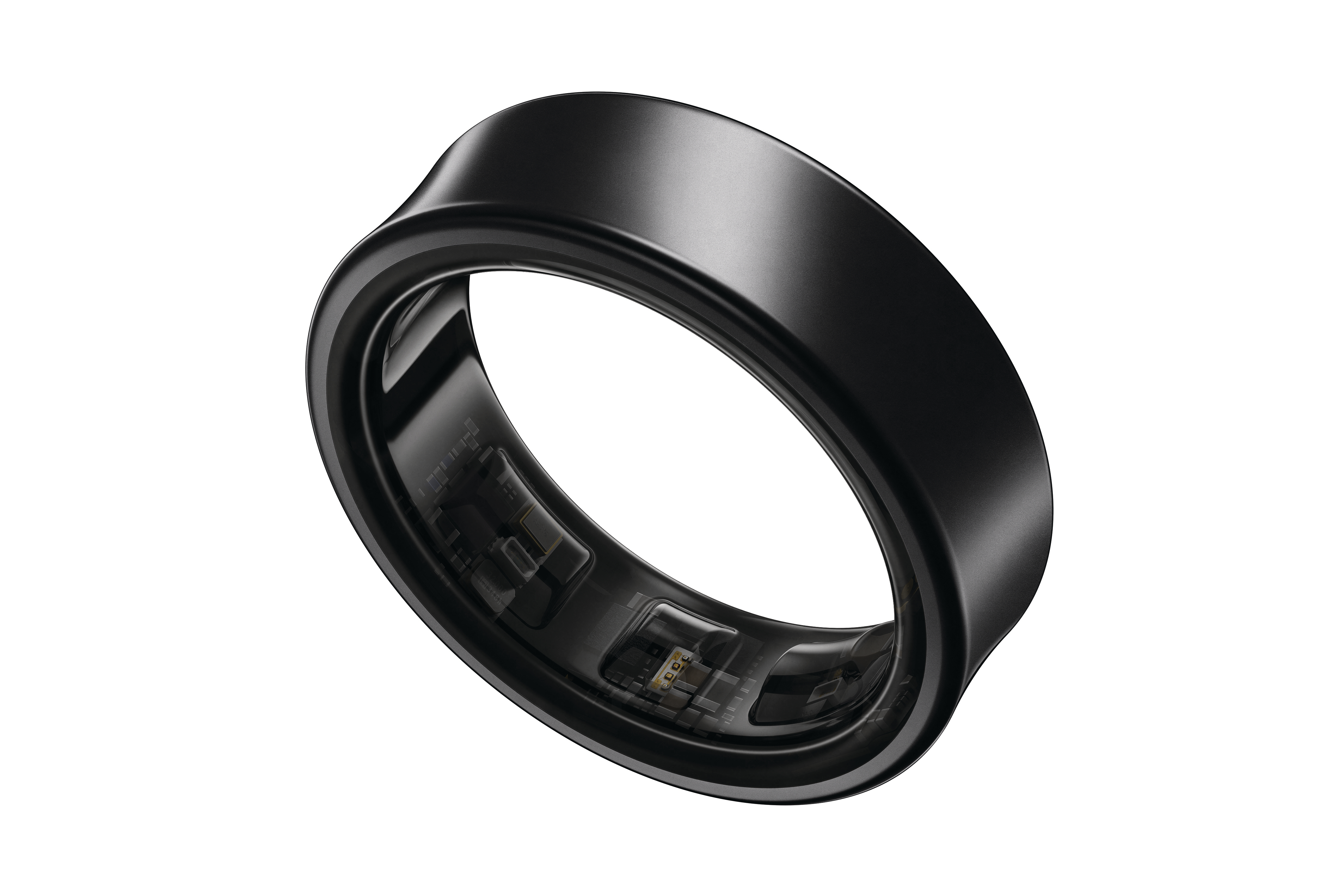 Ein schwarzer Ring mit abgerundeter Form. Er befindet sich auf weißem Hintergrund und hat ein transparentes Inneres.
