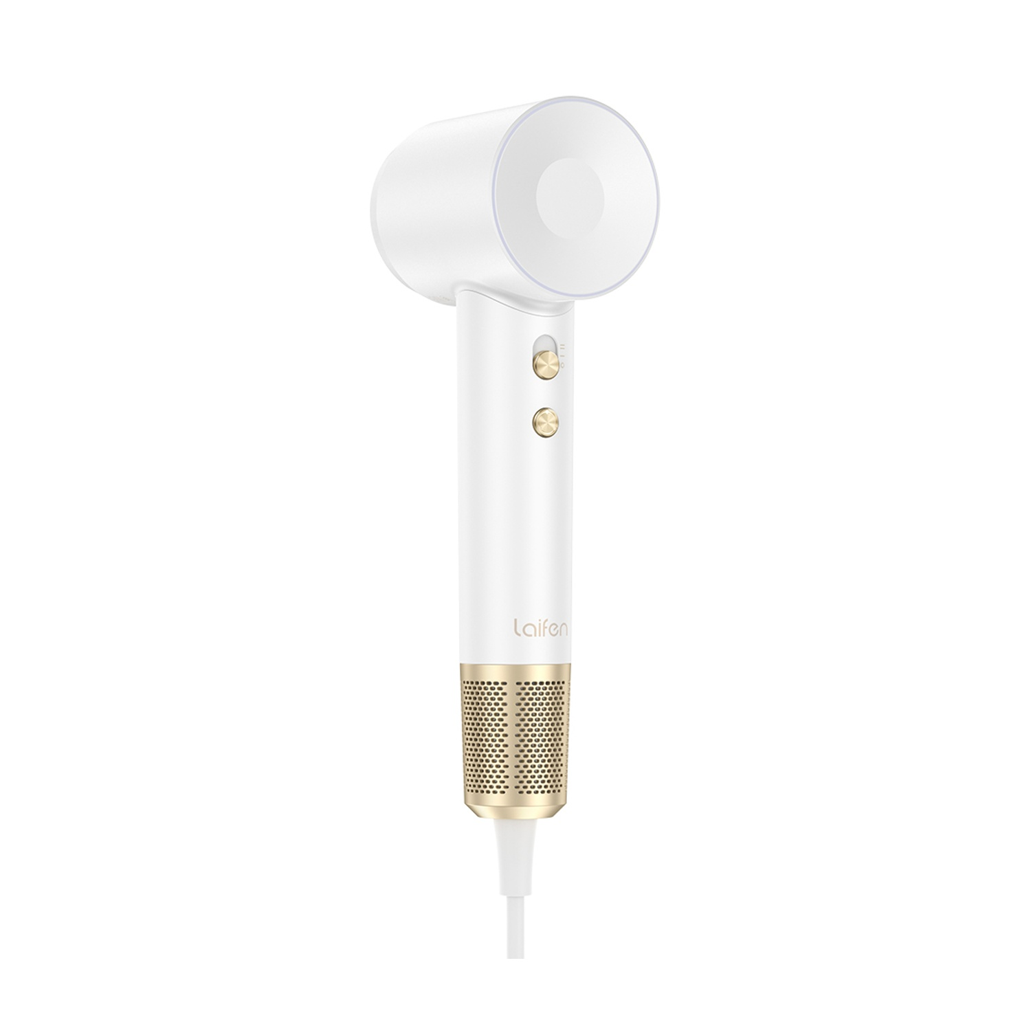 Asciugacapelli bianco e oro. Ha una forma cilindrica.