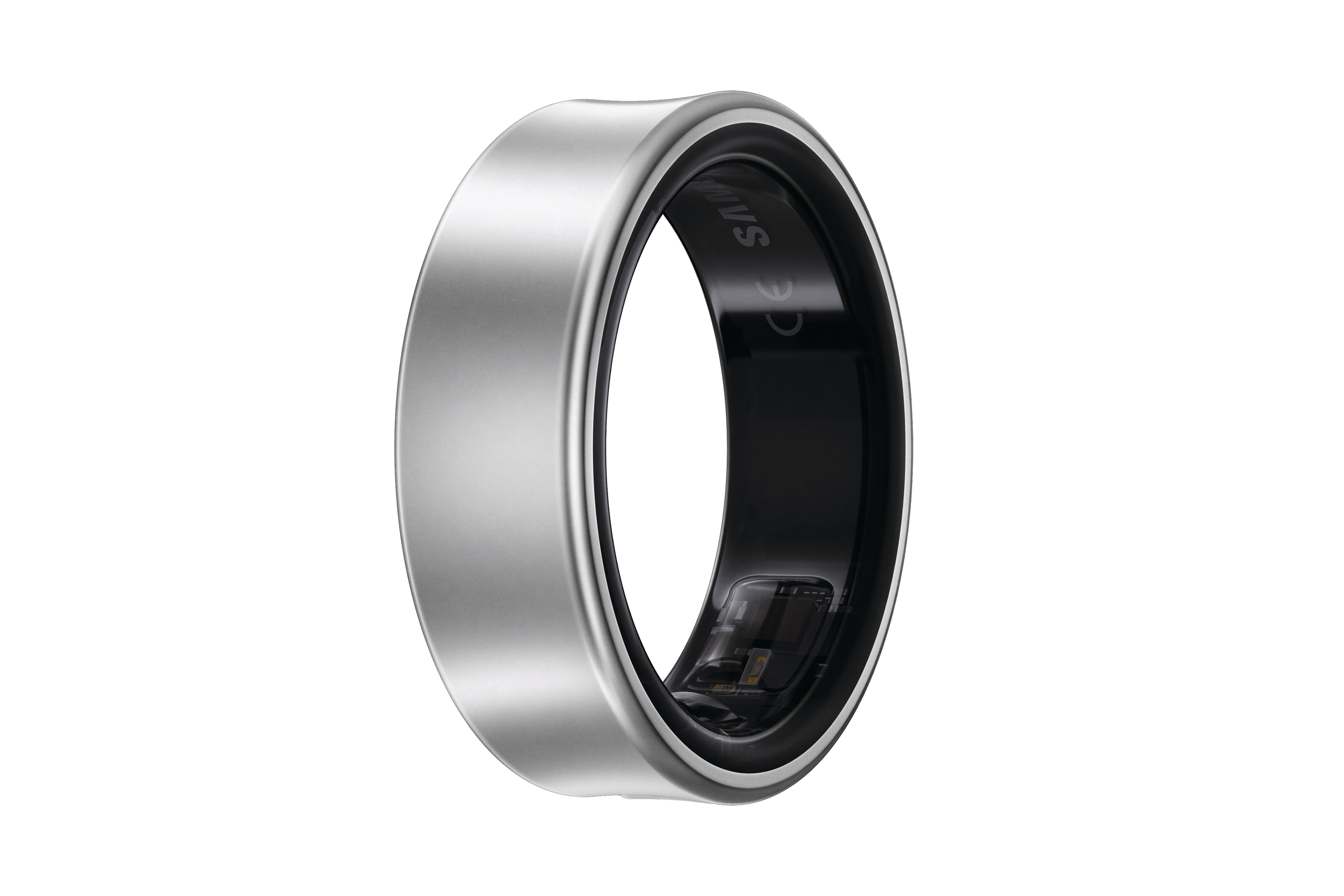 Silberner Smart-Ring auf weißem Hintergrund. Schlankes Design mit schwarzem Innenraum.