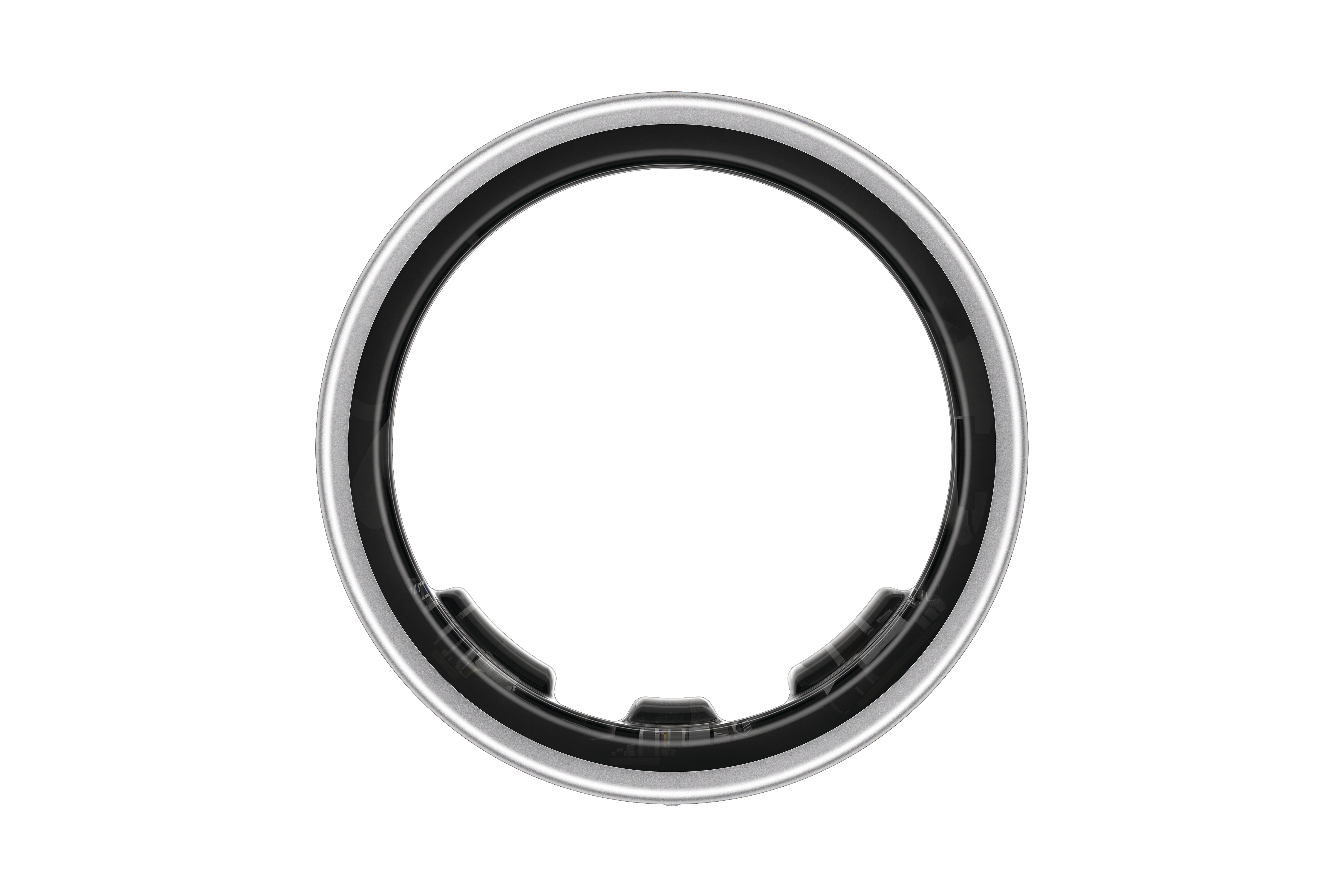 Draufsicht auf Smart Ring mit schwarzem Innenraum und silbernem Außenbereich.