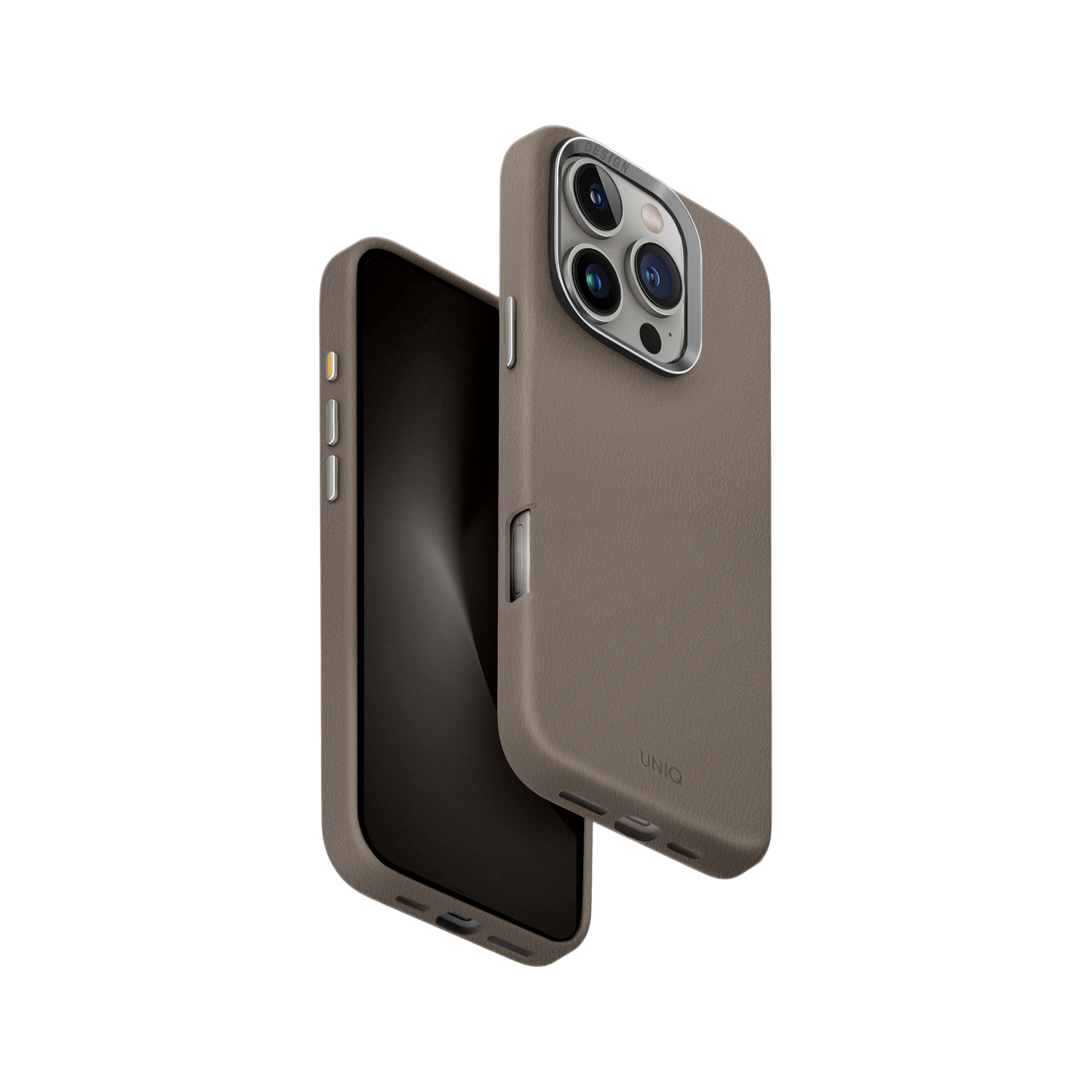 Telefoonhoesje met bruine leertextuur. Een telefoon zit in de hoes, een andere in de lucht.