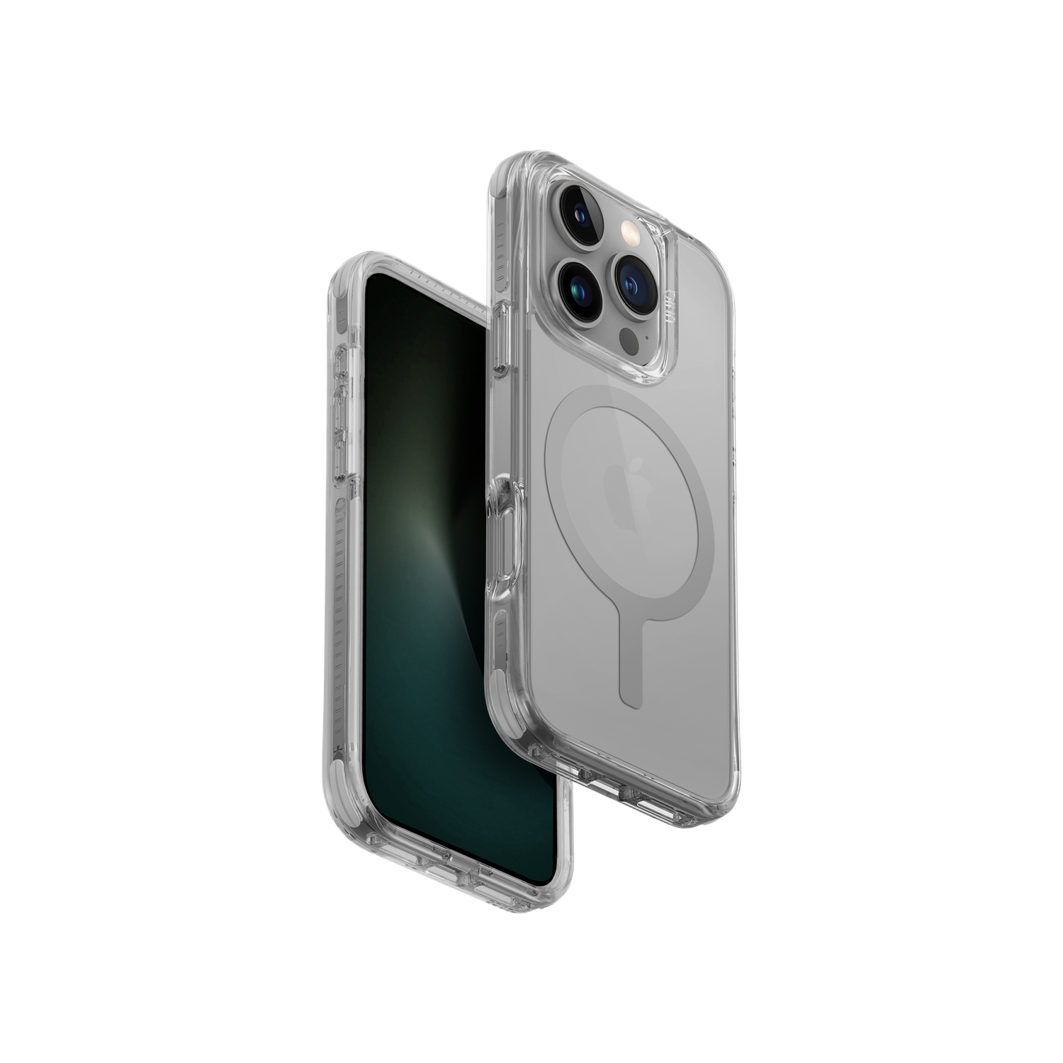 Een doorzichtig telefoonhoesje met een grijs cirkelvormig ontwerp op een telefoon, tegen een zwarte achtergrond.