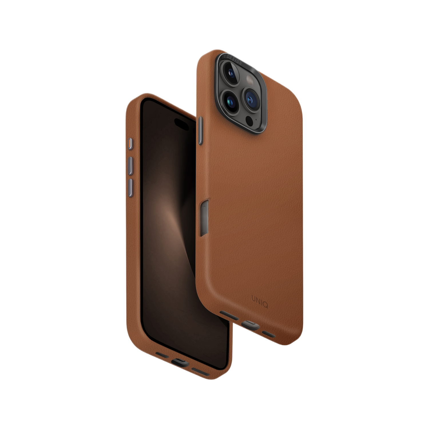 Een bruine leren telefoonhoes met de telefoon erin, met het scherm van de telefoon.