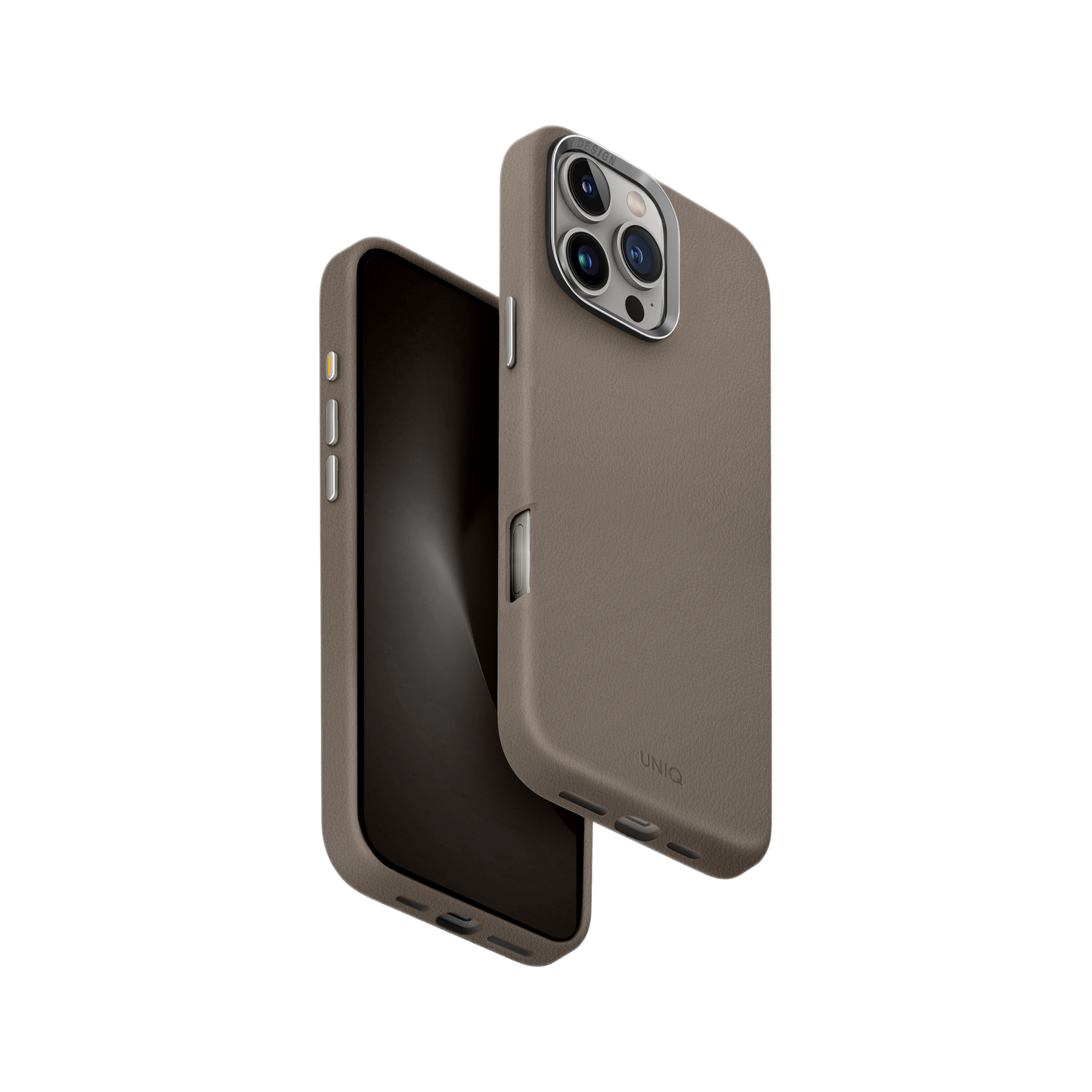 Twee telefoonhoesjes, één op een telefoon. Bruine leerlook.