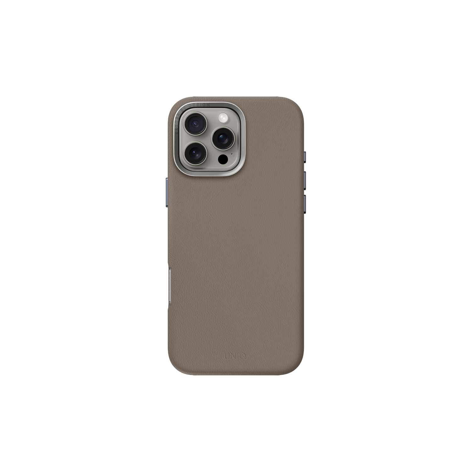 Taupekleurige telefoonhoes met zilveren cameraring en het UNIQ-logo.