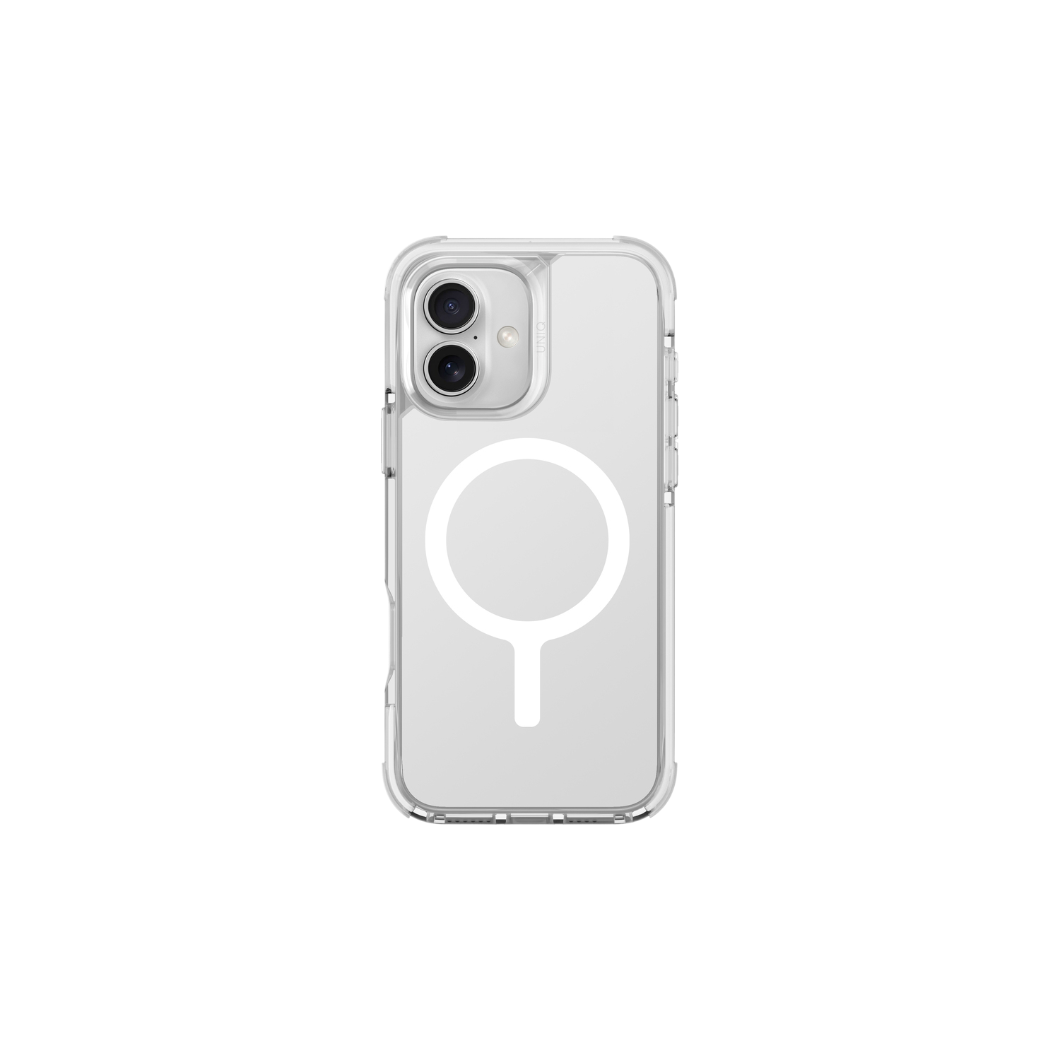 Transparante iPhone-hoes met een witte MagSafe-cirkel. De hoes staat op een zwarte achtergrond.