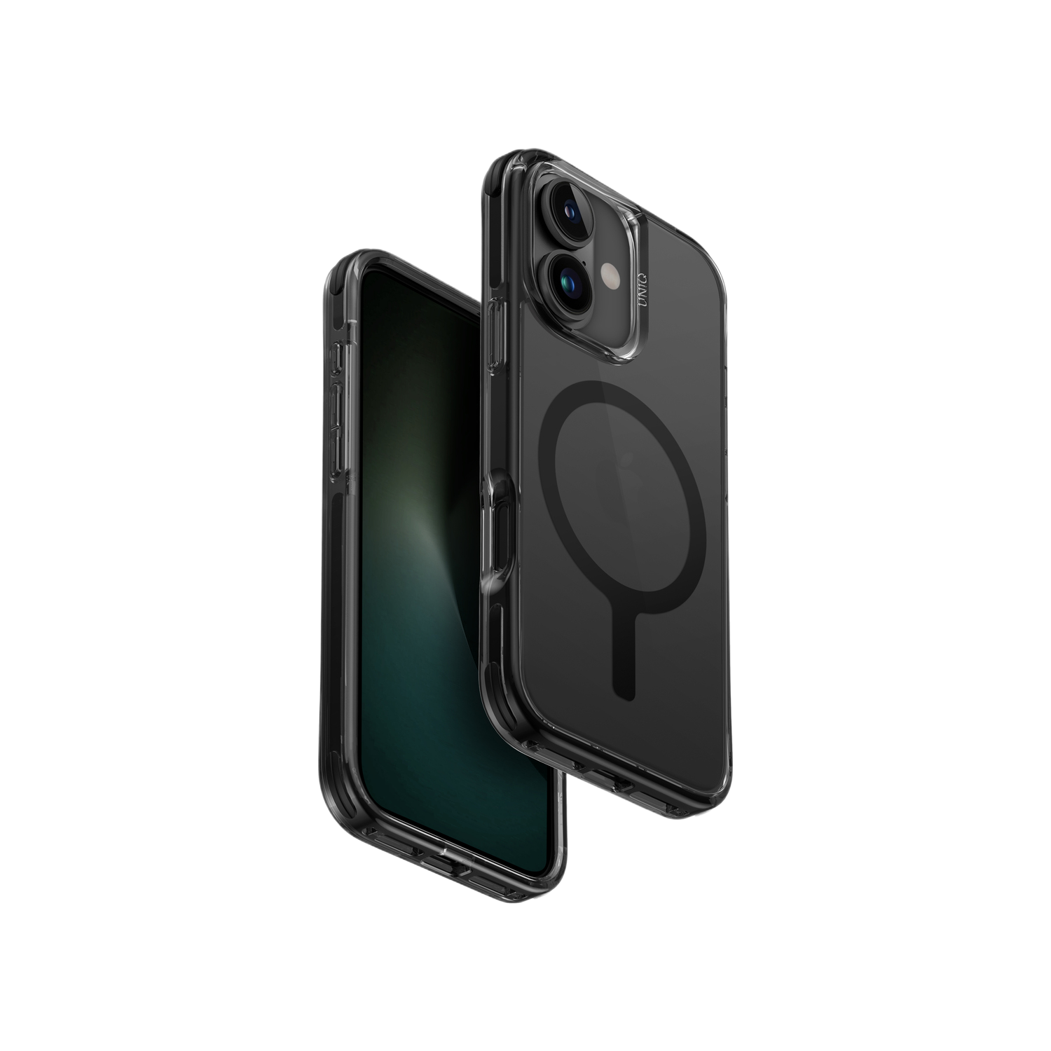 Twee telefoonhoesjes. Eén is transparant en één is zwart met een magnetische cirkel.