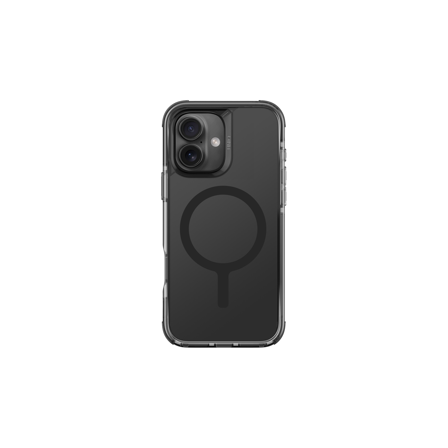 Zwarte telefoonhoes met doorzichtige achterkant, MagSafe-cirkel. Telefoonhoesje.