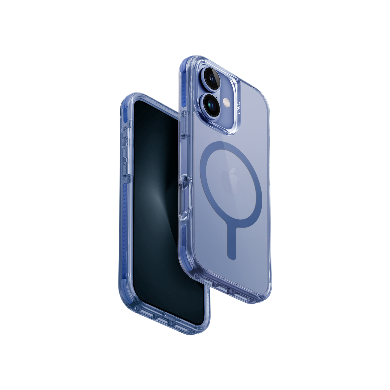 Transparante telefoonhoes met een blauw frame, die de achterkant van een zwarte telefoon laat zien.