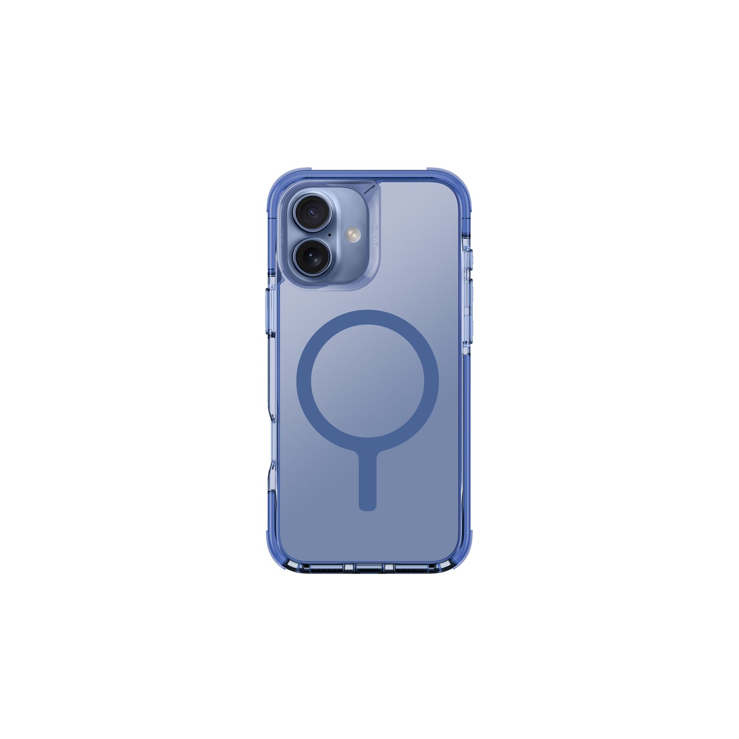 Blauwe iPhone-hoes met magnetische cirkel op witte achtergrond.