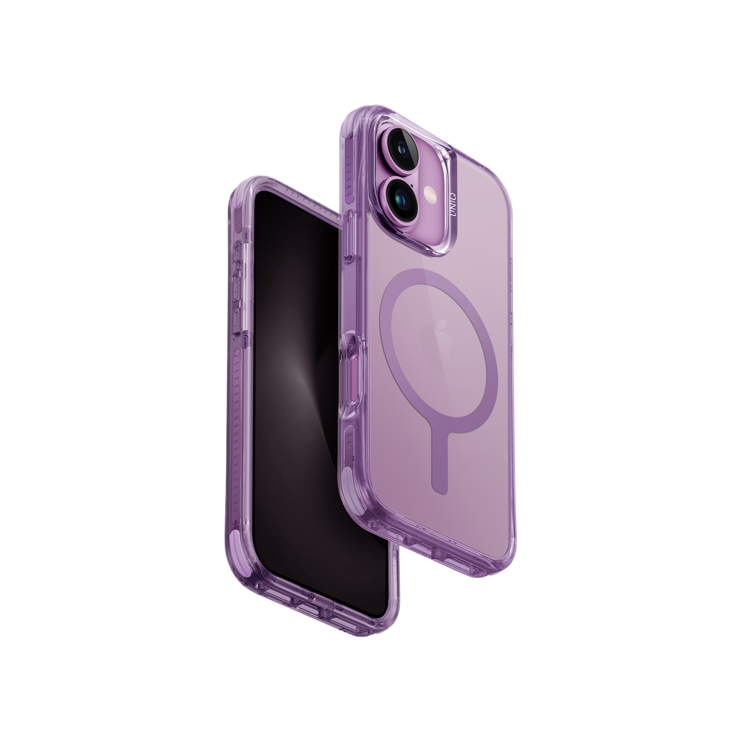 Een paarse telefoonhoes op een zwarte achtergrond. De telefoon zit in het hoesje.