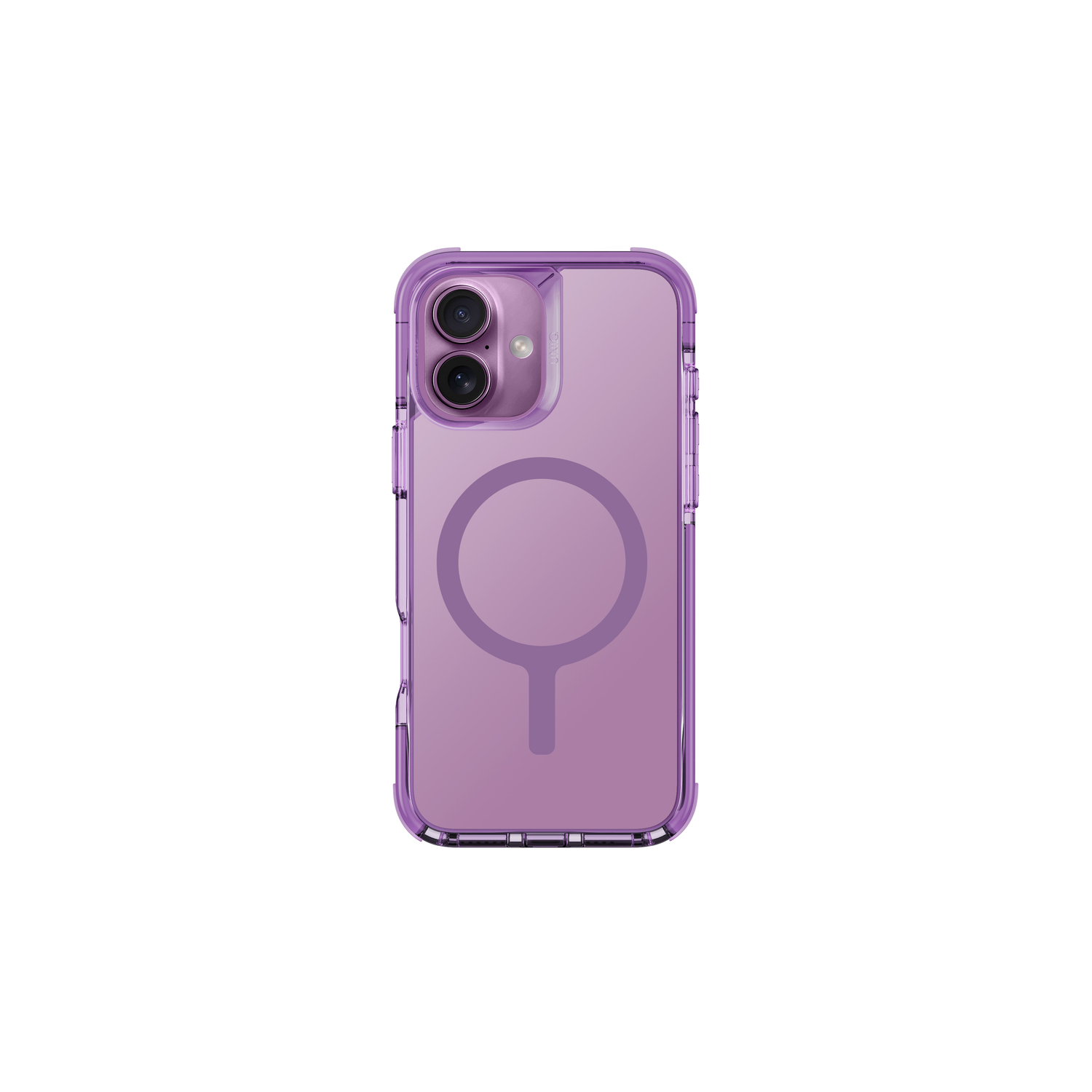 Een paarse telefoonhoes met een magnetische cirkel.