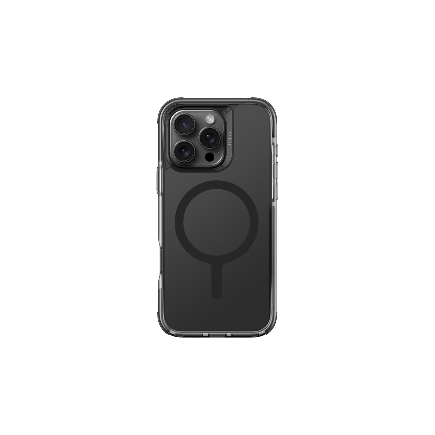 Zwarte telefoonhoes met meerdere camera's en een zwarte oplaadcirkel.