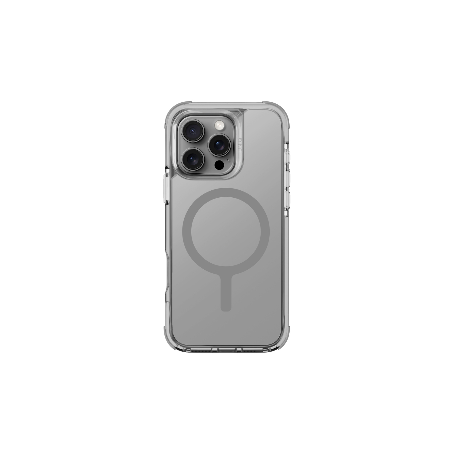 Coque iPhone grise avec cercle magnétique sur fond blanc.
