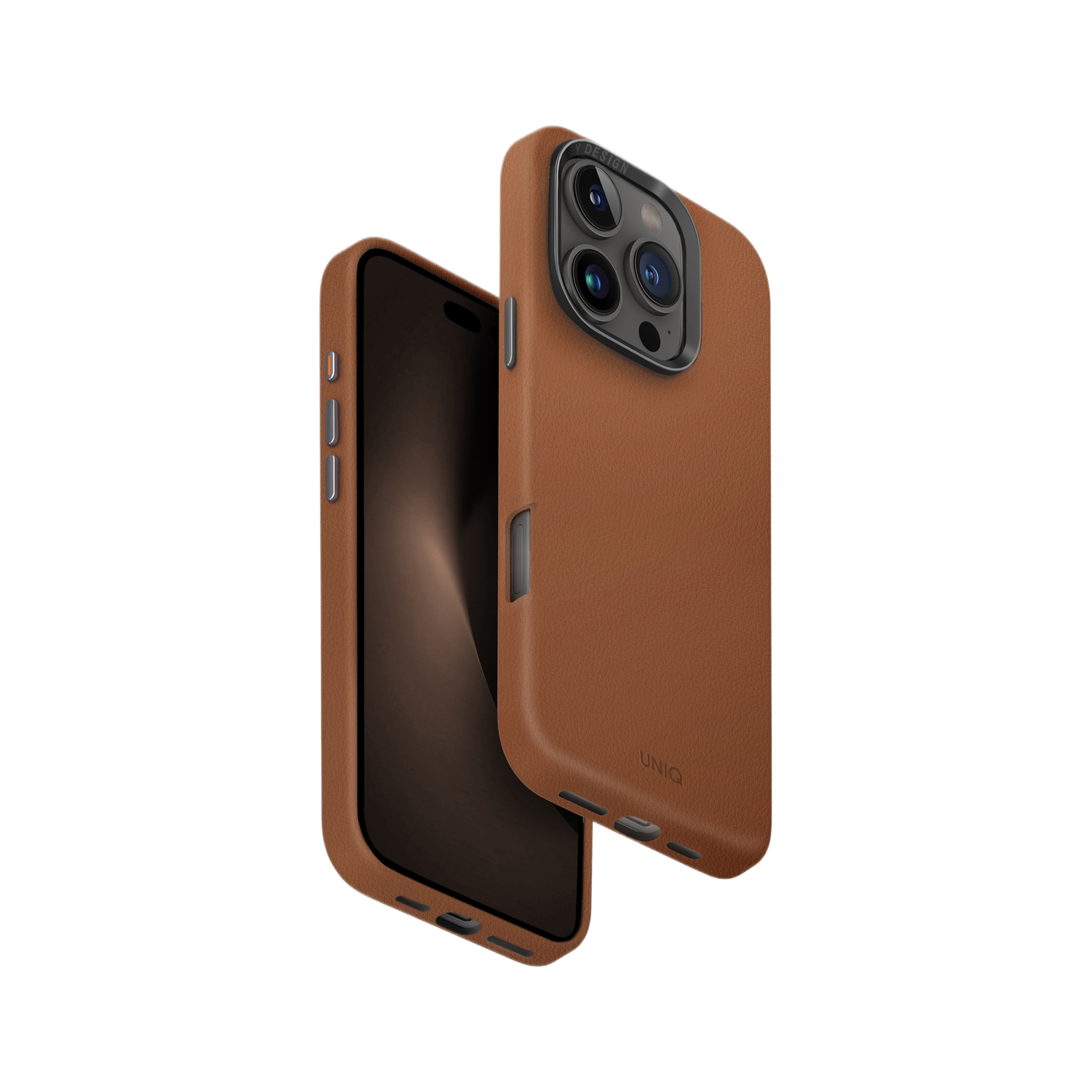 Een bruine leren telefoonhoes, open om de telefoon te laten zien, op een zwarte achtergrond.