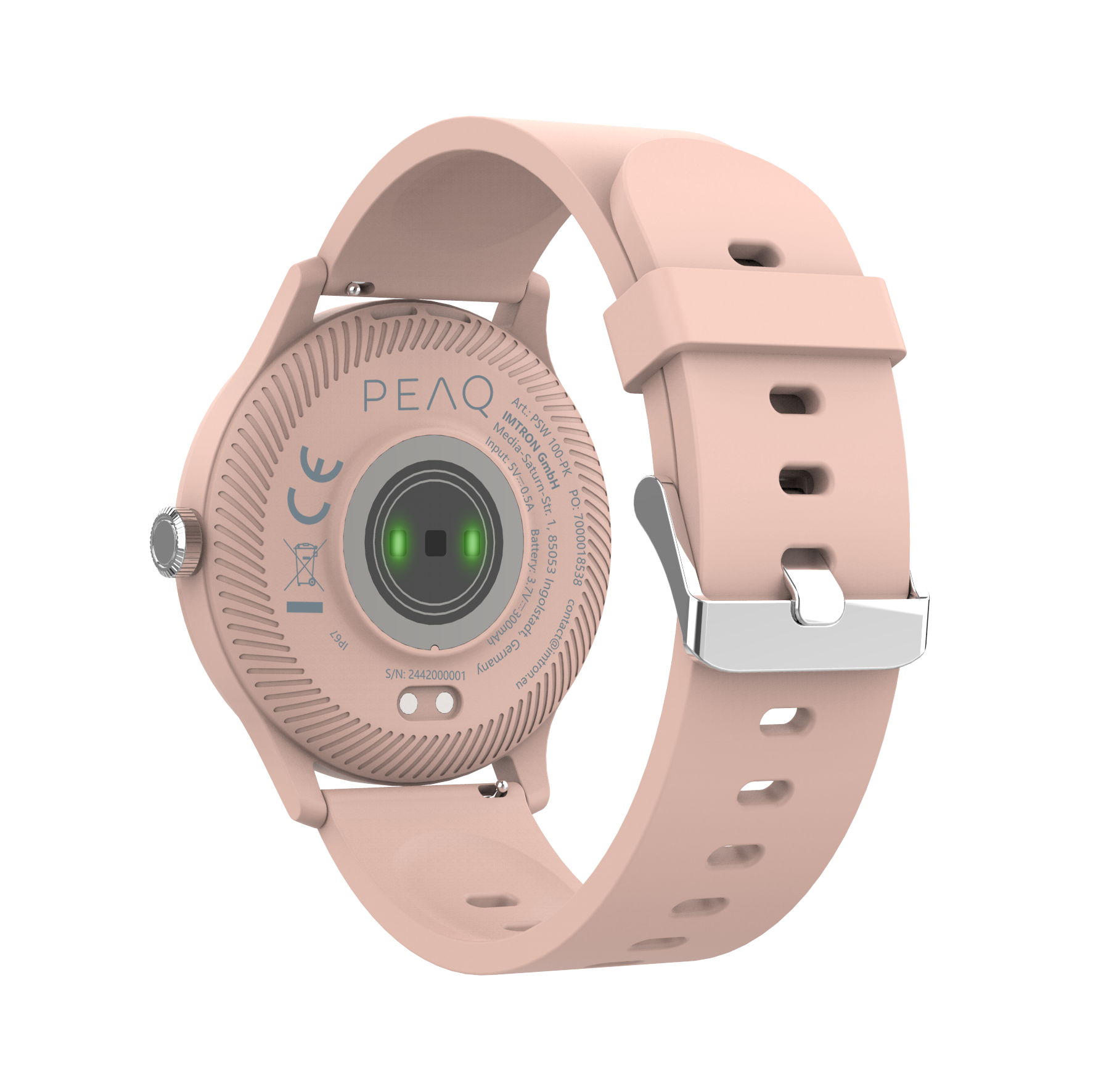 Nahaufnahme einer Smartwatch, die die Rückseite mit Sensoren zeigt.