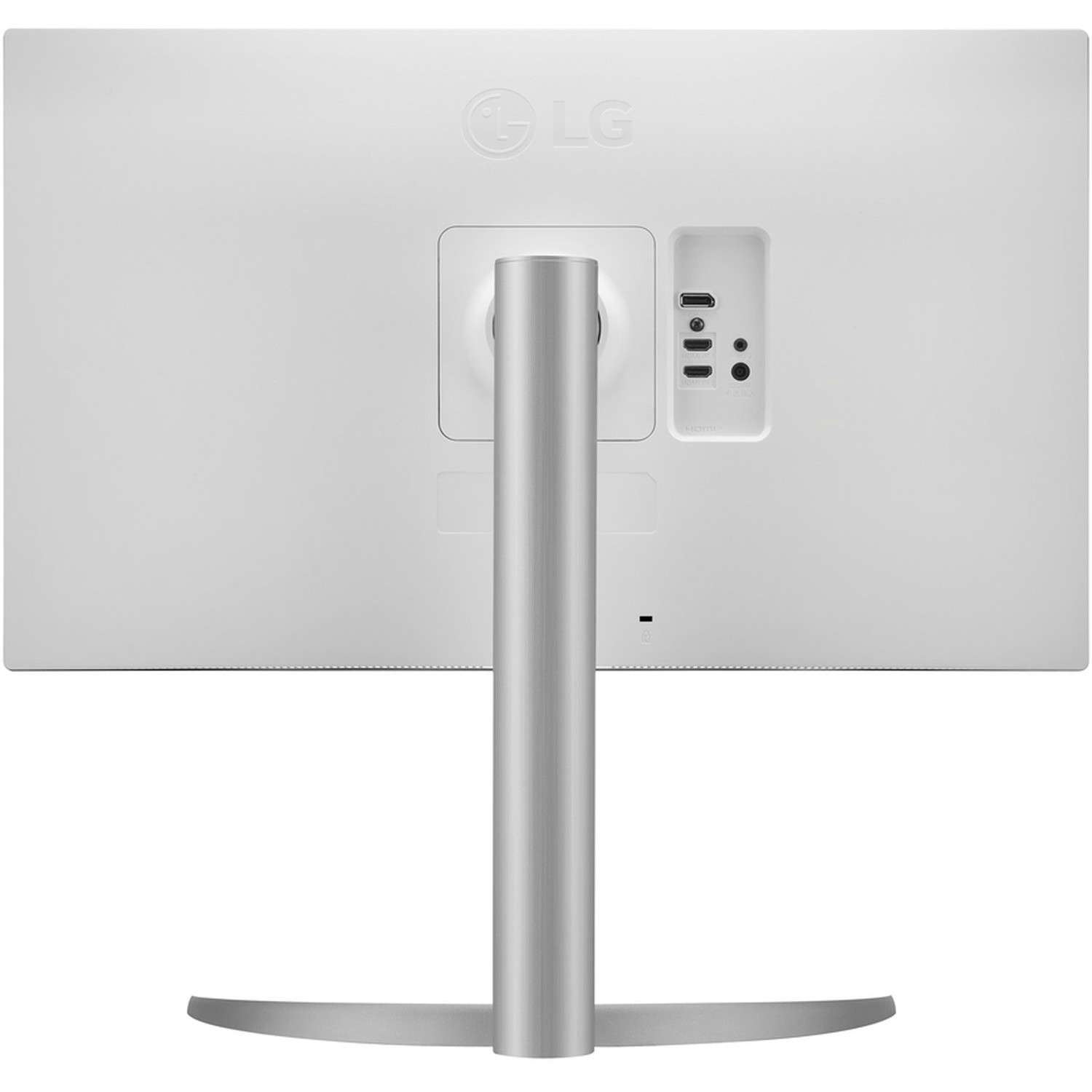 The back of a white LG monitor. It has a silver stand and ports for connections. The LG logo is at the top.