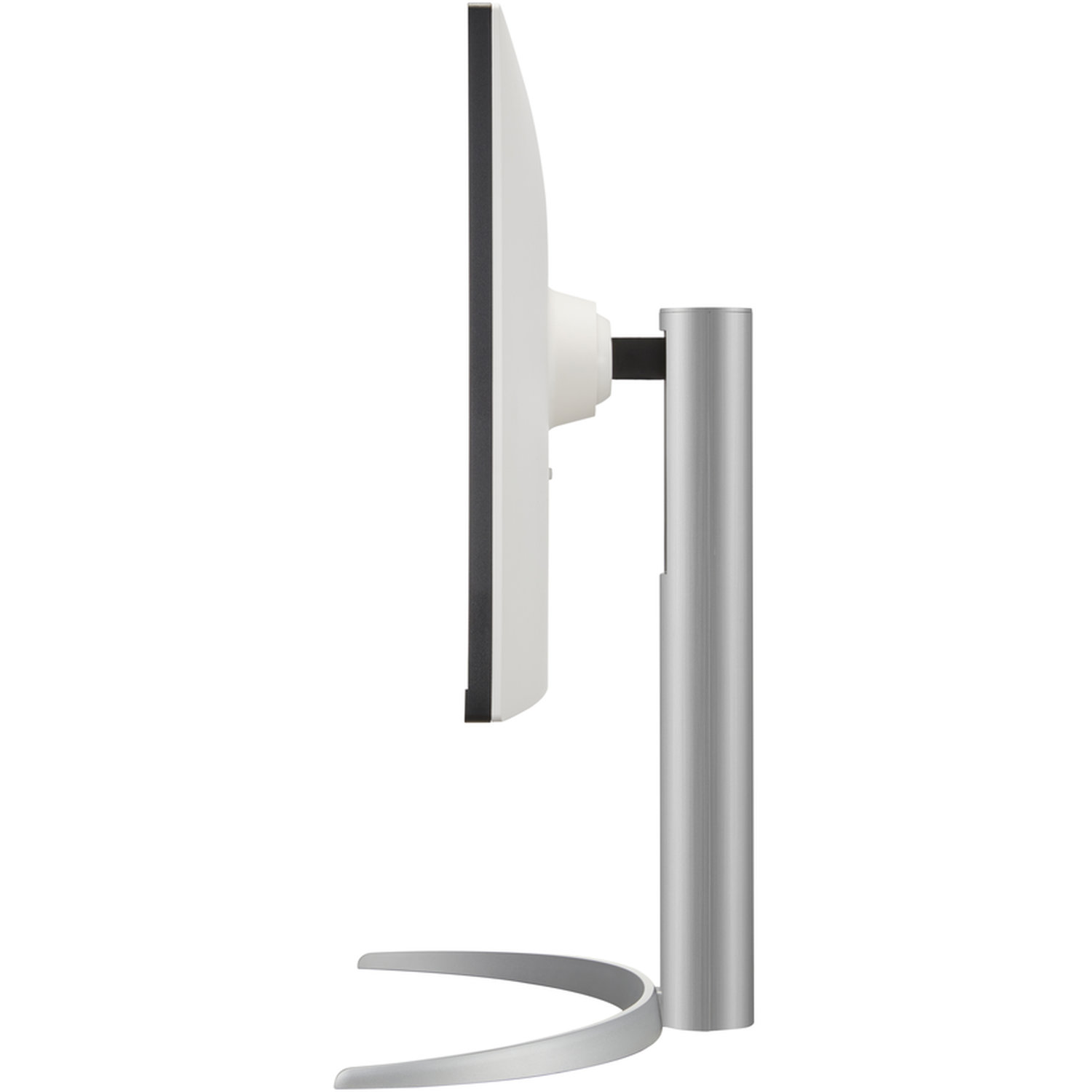Side view of a computer monitor. White screen with black border, silver stand, and base. The background is white.