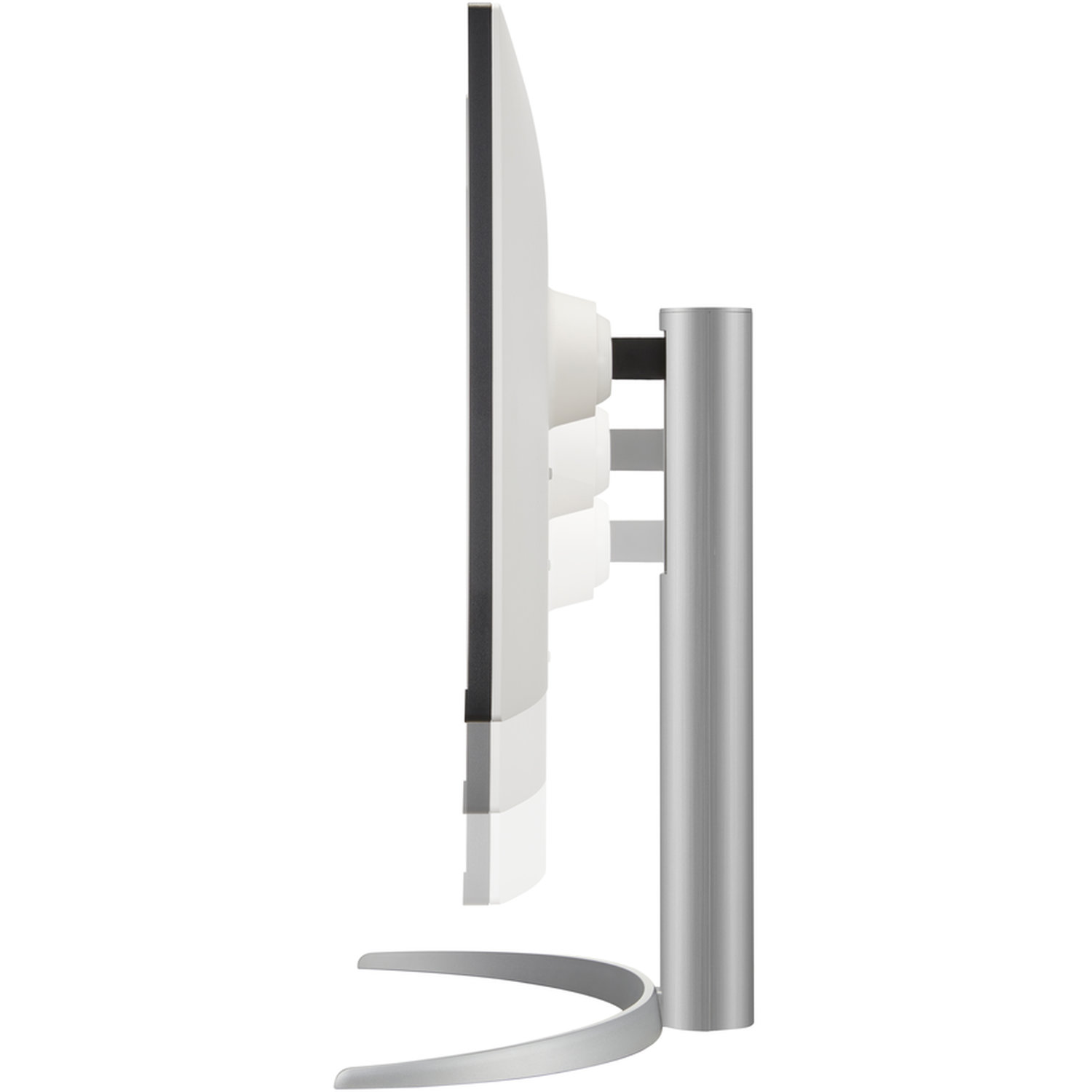 Side view of a computer monitor. White screen with a black border, supported by a silver stand and base. The background is white.