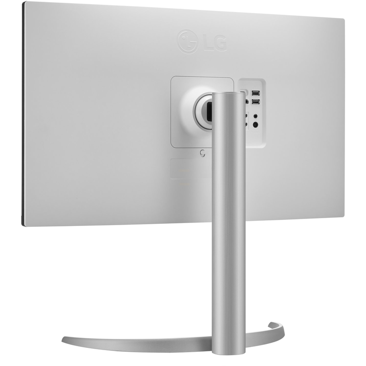 The back of a silver LG monitor is shown. It has a stand, ports, and the LG logo. The color is light grey.