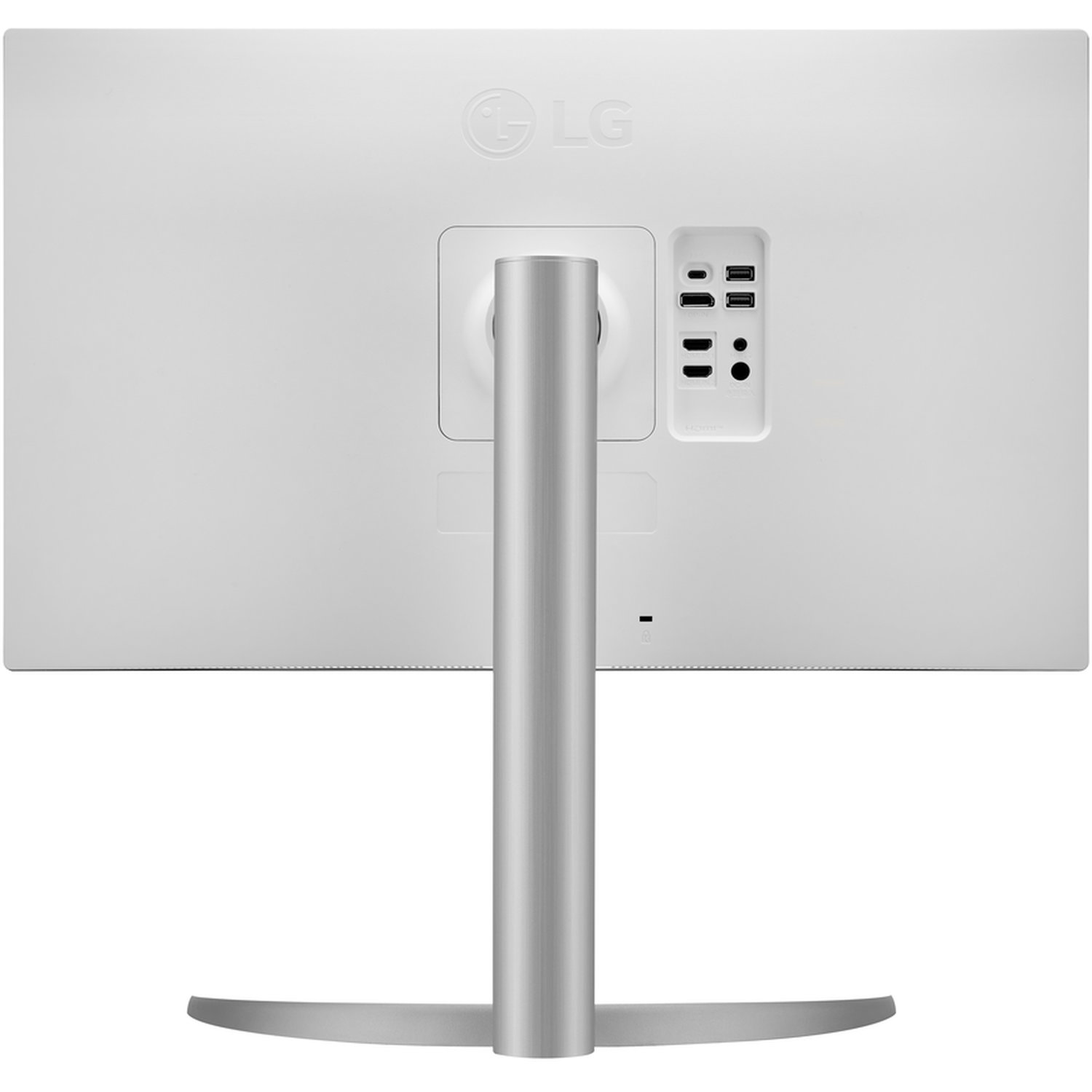 The back of a white LG monitor with a silver stand. Ports include USB, HDMI, and power. The LG logo is visible.