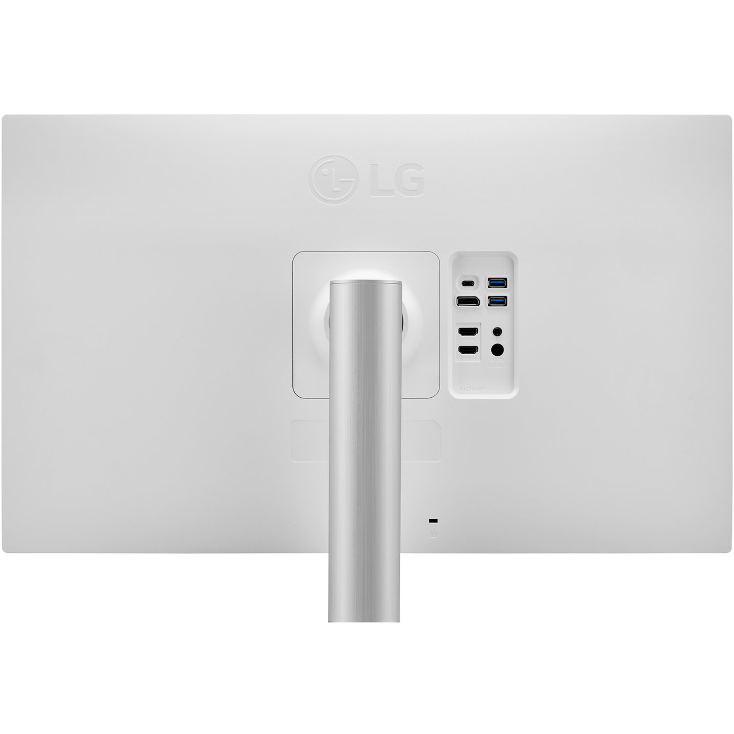 The back of a white LG monitor. It has a silver stand, ports for HDMI, USB, and a power button. The LG logo is visible.