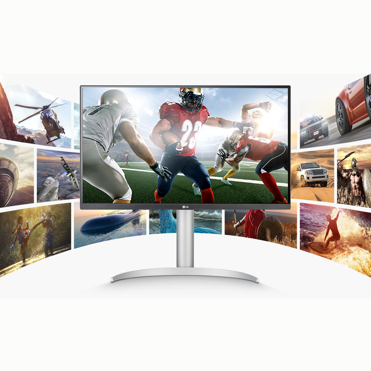 An LG monitor displays various action scenes: football, cars, a helicopter, fighters, a boat, a surfer, and more.