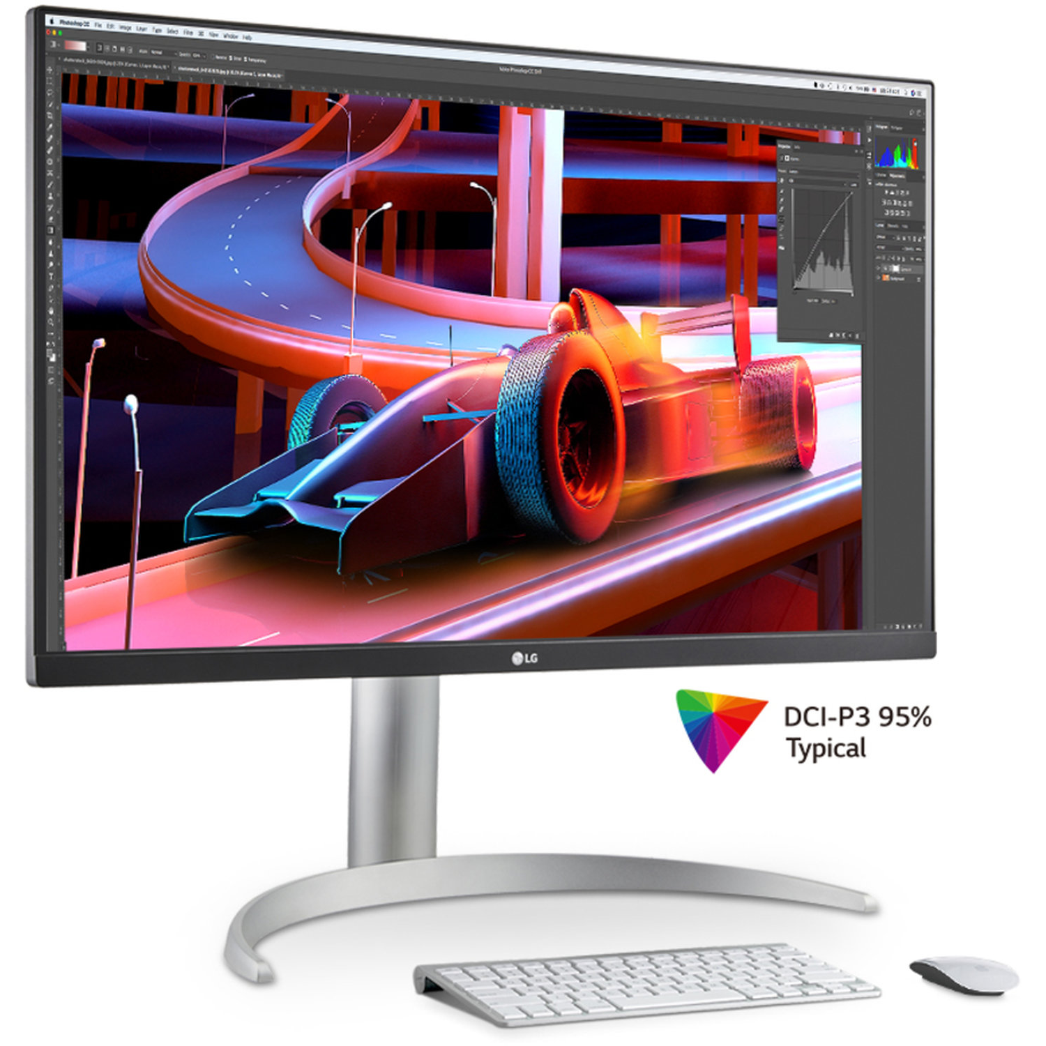 Monitor displaying a race car on a track. Keyboard and mouse are in front. The monitor has a color spectrum icon.