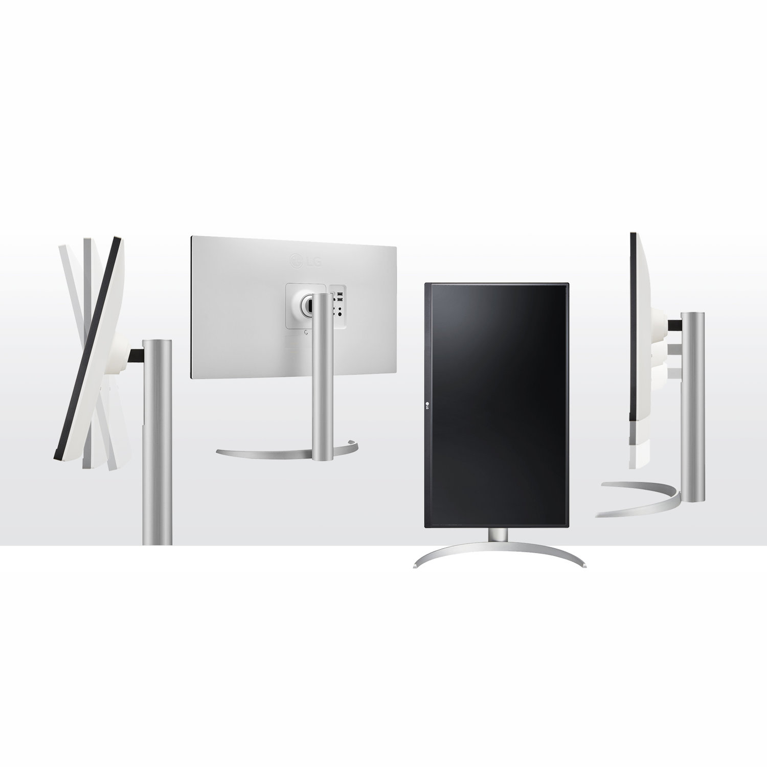 Four views of an LG monitor. It has a curved base, a black screen, and a silver stand. The back is white with LG logo.