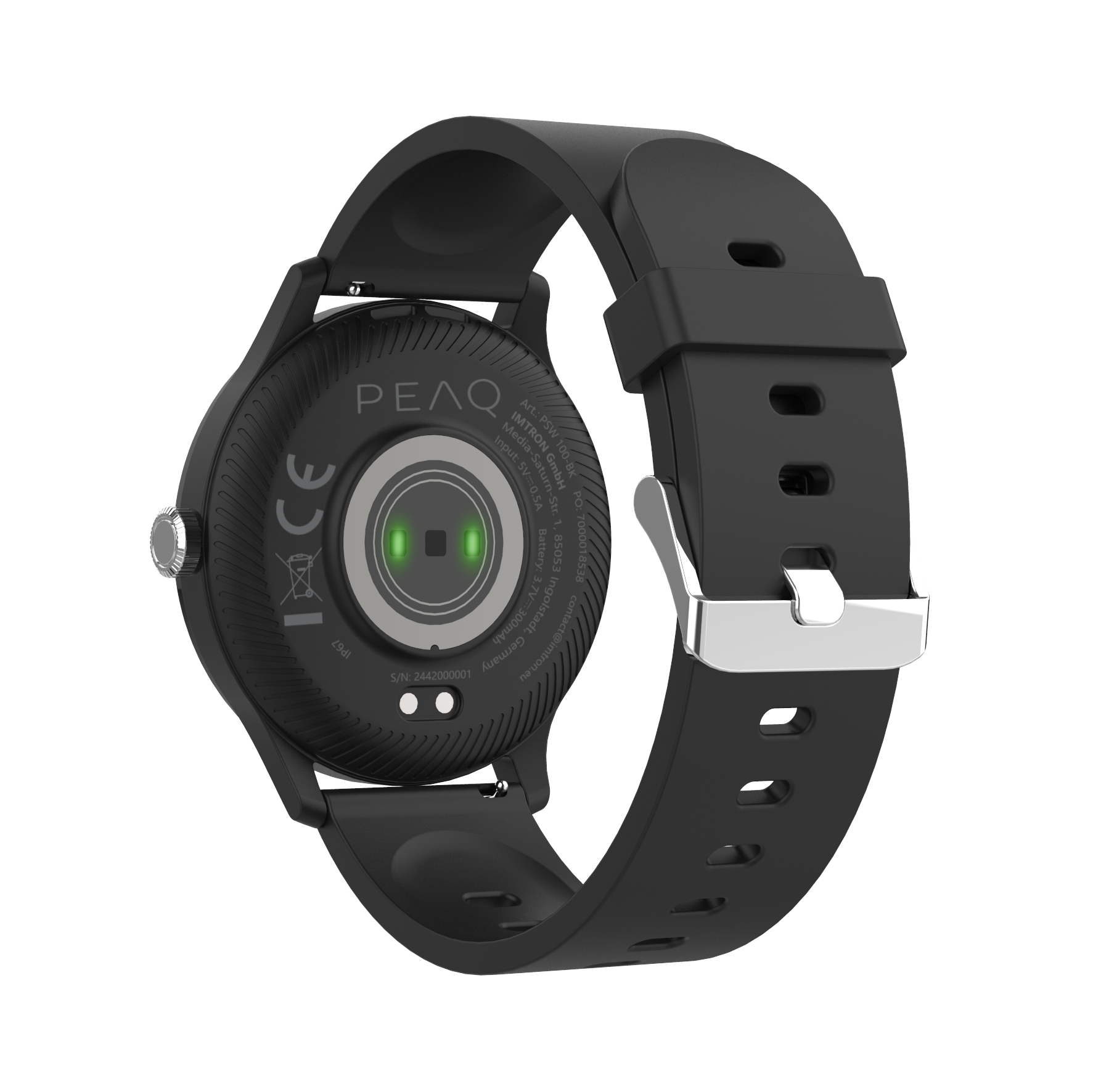 Schwarze Smartwatch mit schwarzem Armband. Die Uhr hat einen grünen Herzfrequenzsensor auf der Rückseite.
