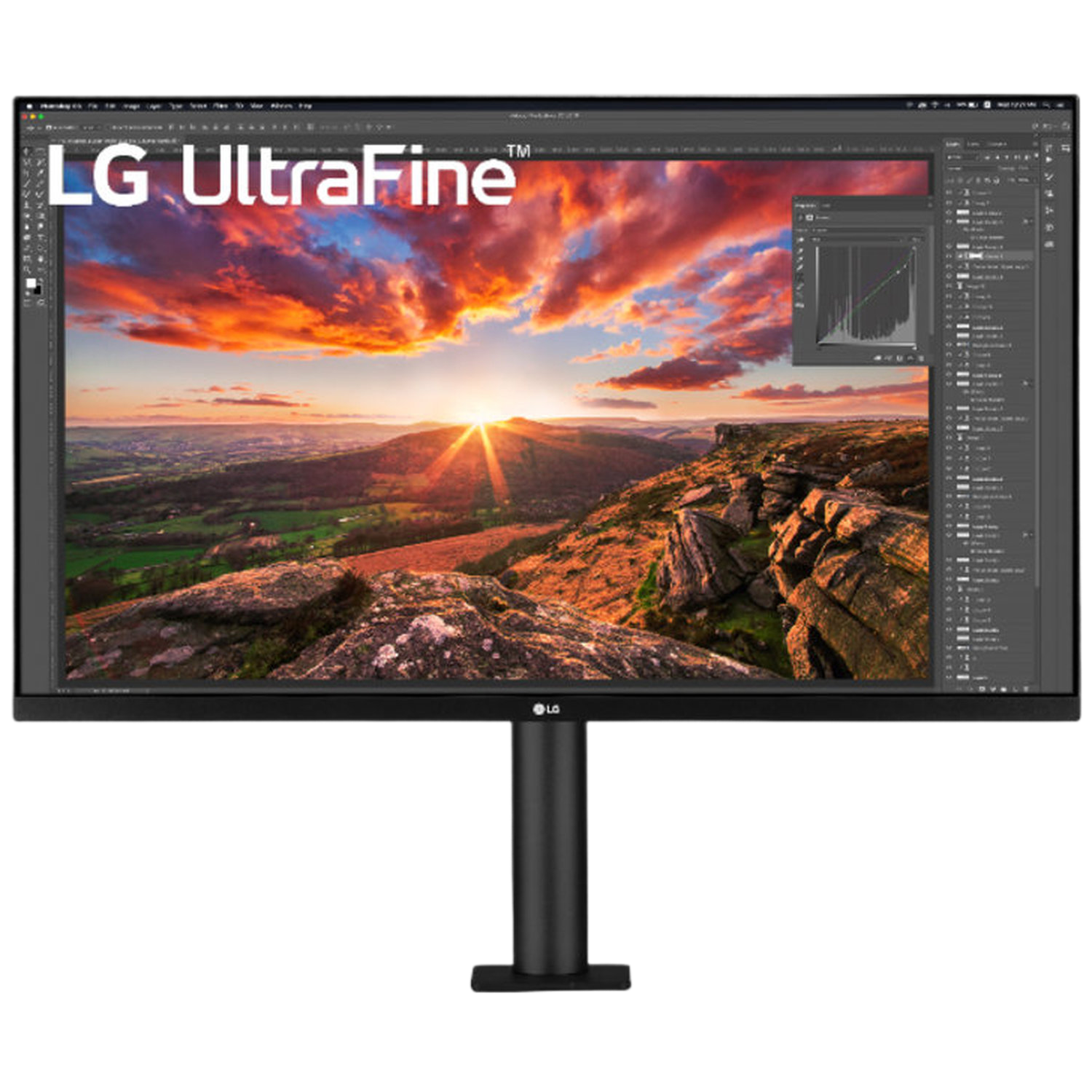 LG UltraFine monitor toont een landschap met zonsondergang en bergen. Software-interface is zichtbaar op het scherm.