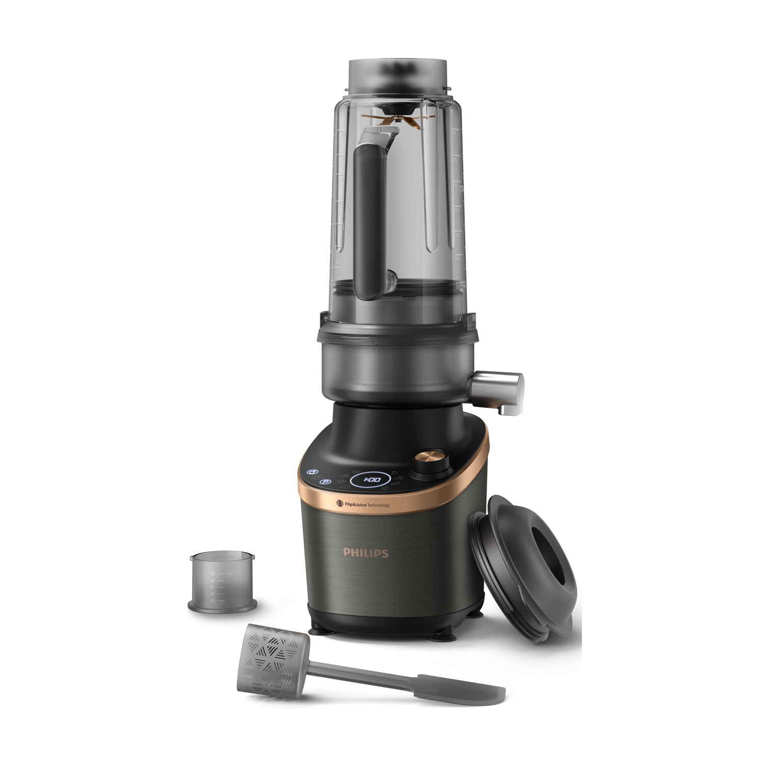 Frullatore Philips grigio scuro e oro con accessori e un contenitore trasparente.