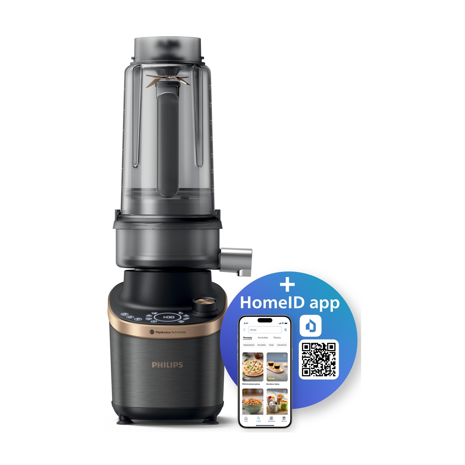 Frullatore Philips con icona app HomeID e un codice QR.