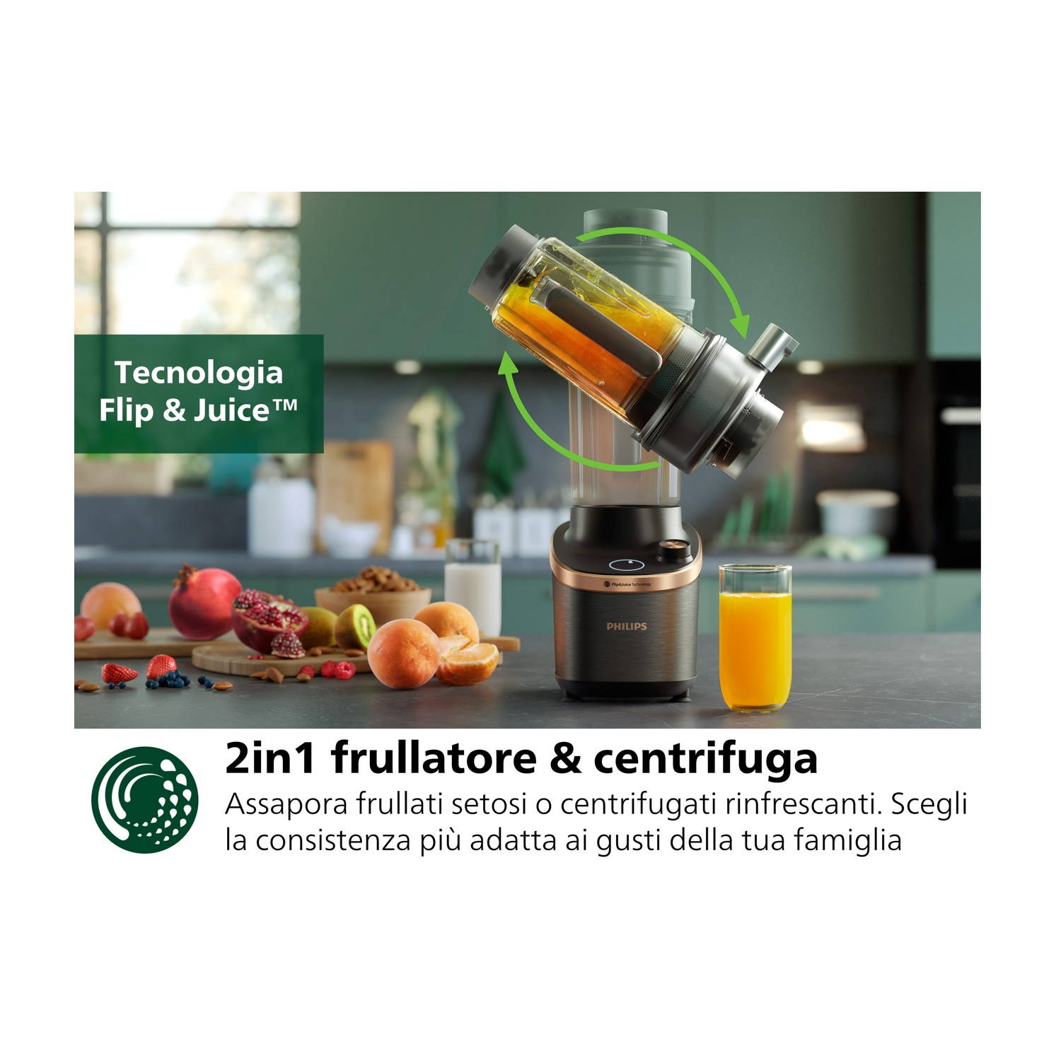 Un frullatore con frutta e un bicchiere di succo, con il testo 'Flip & Juice' e dettagli del prodotto.