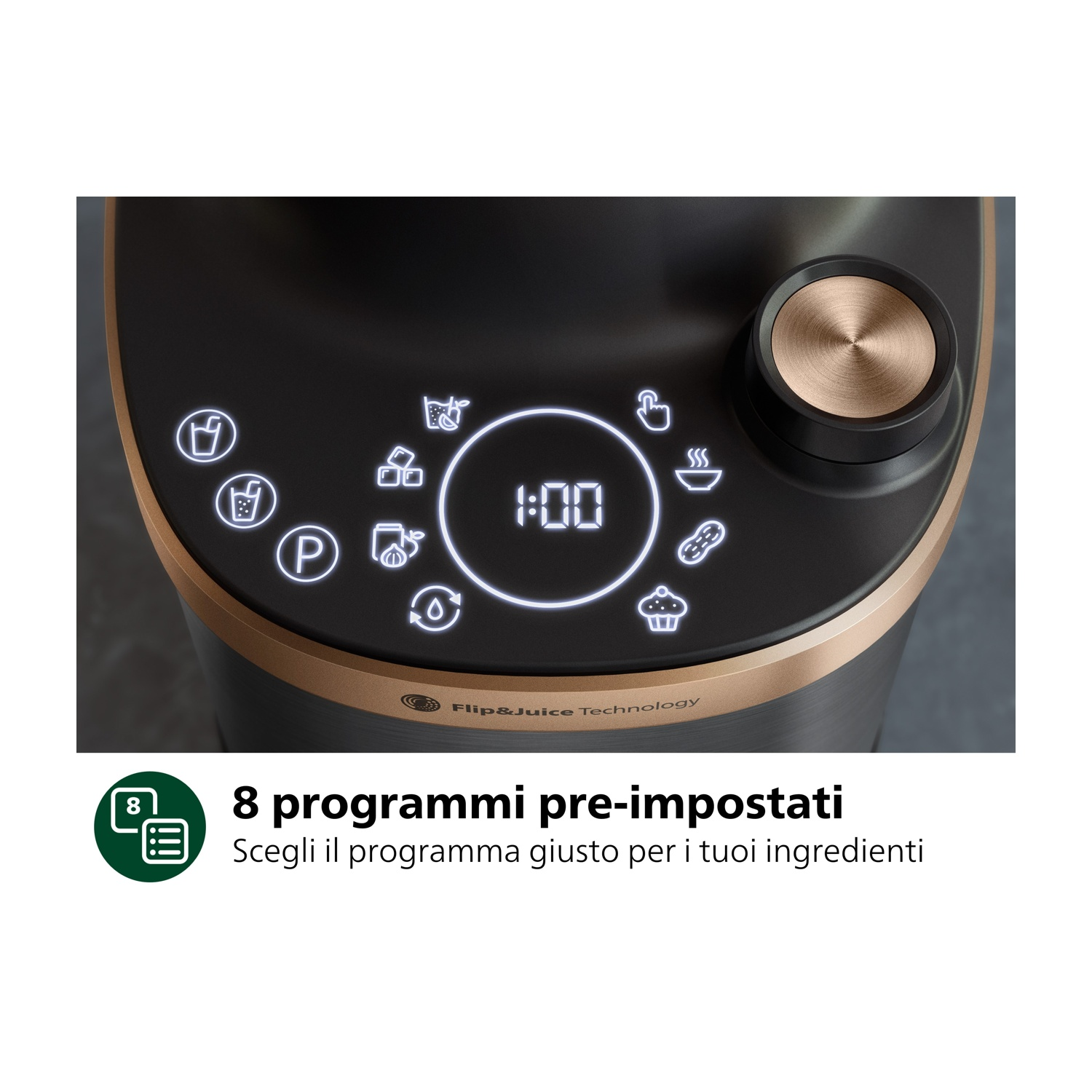 Frullatore Philips con 8 programmi preimpostati e pannello di controllo.