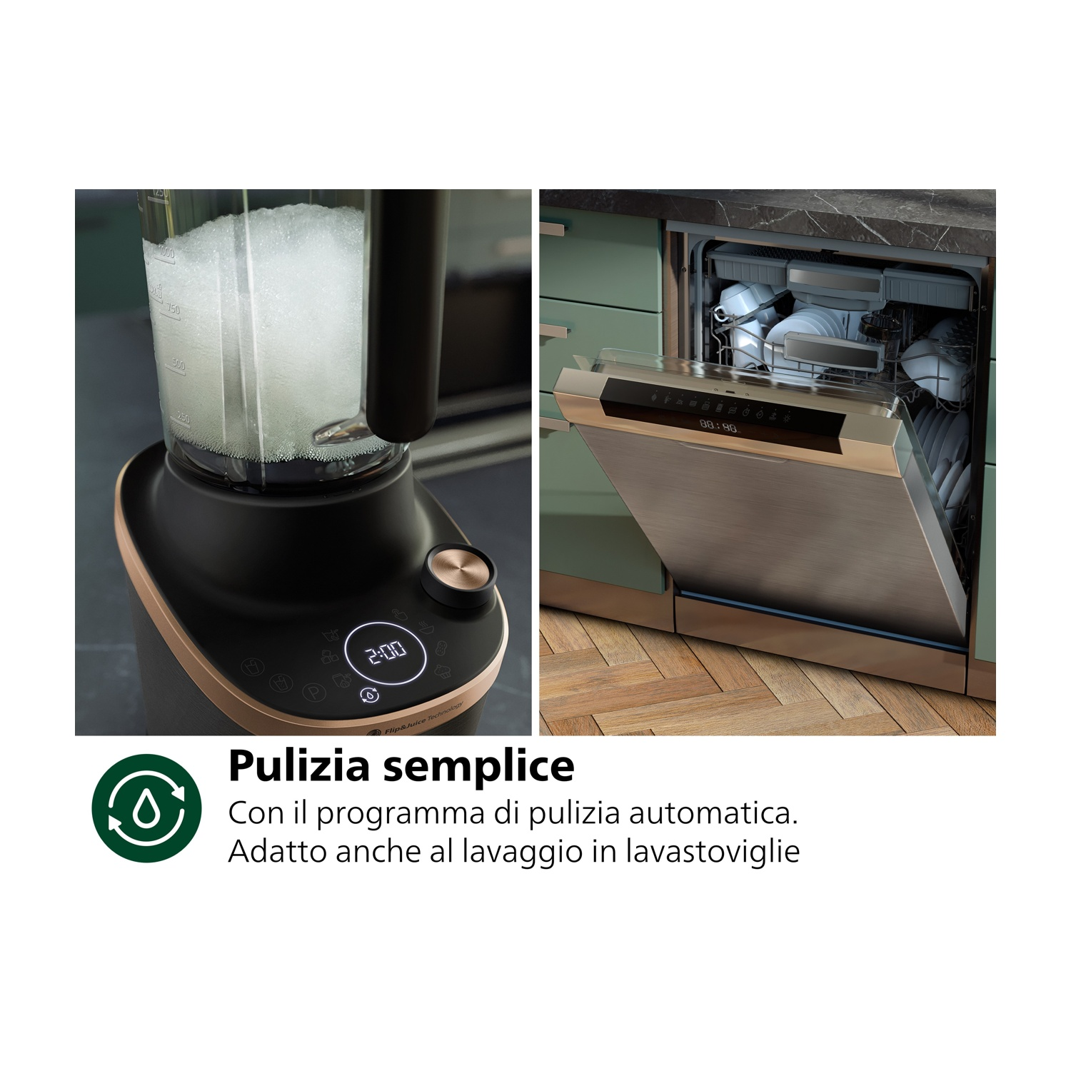 Frullatore Philips con lavastoviglie e istruzioni per una facile pulizia.