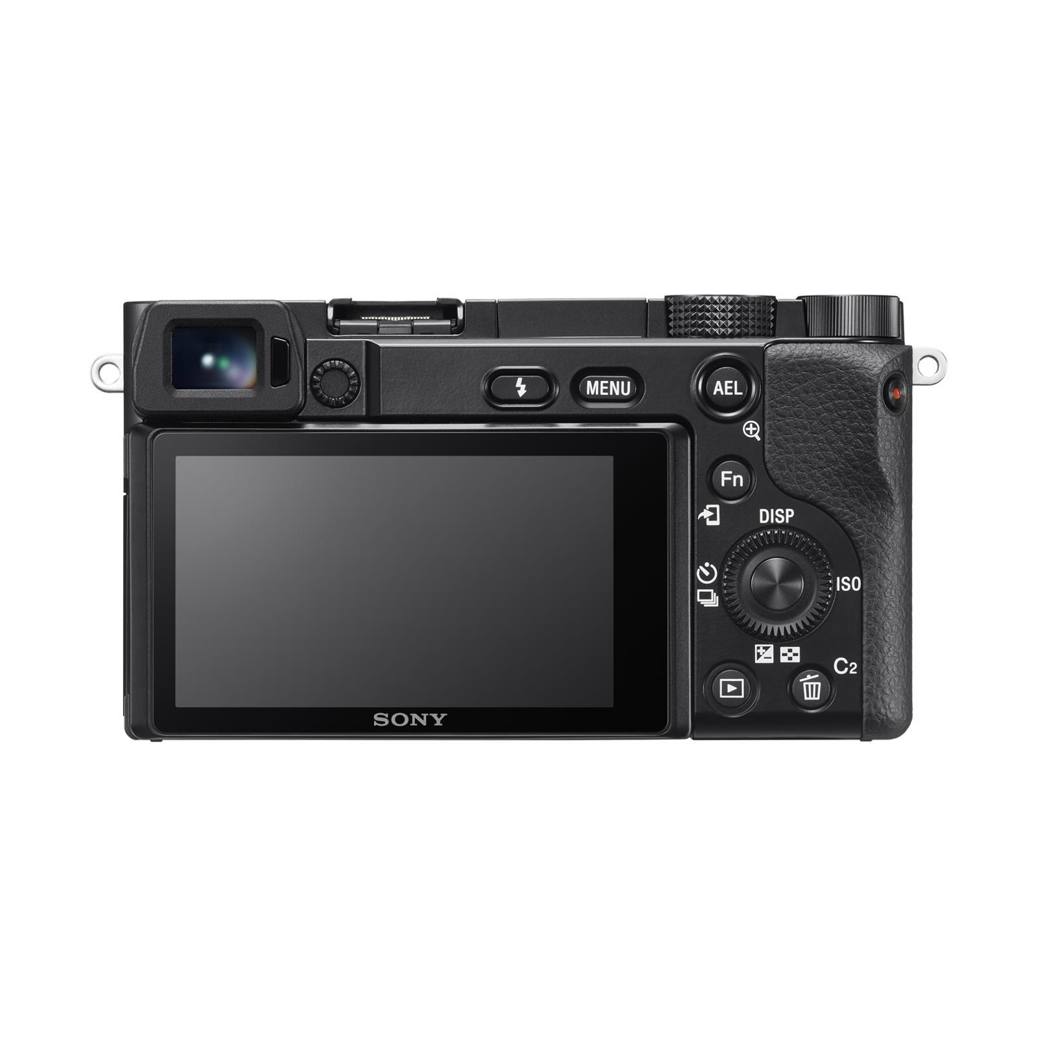 Fotocamera Sony nera con schermo e pulsanti, sfondo bianco.