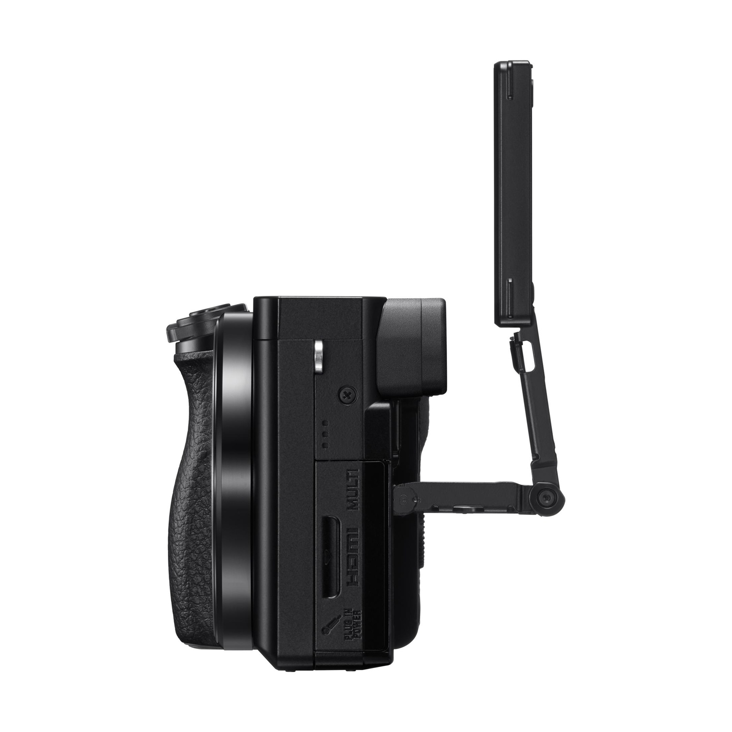 Lato della fotocamera Sony nera con schermo aperto, sfondo bianco.