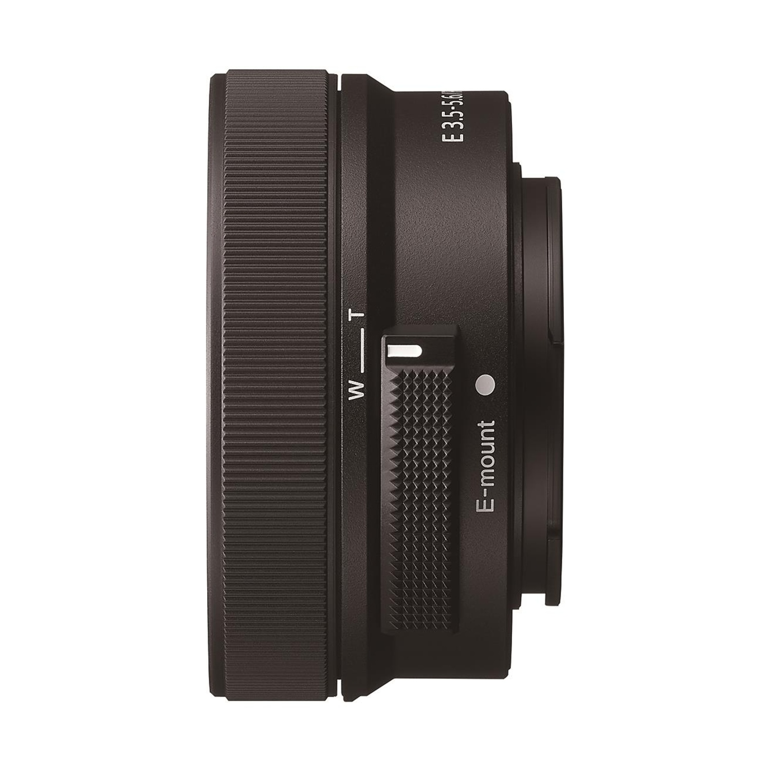 Obiettivo nero con testo 'E 35-50mm', e le parole 'E-mount' e ghiera.