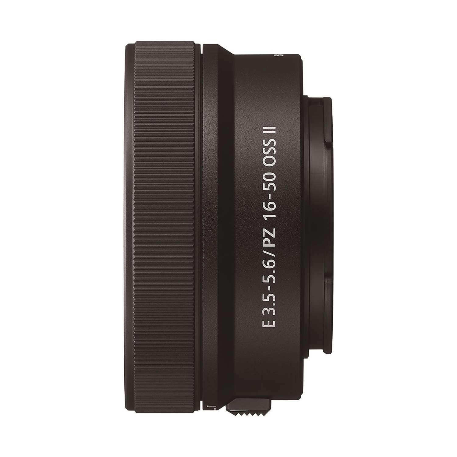 Lato dell'obiettivo nero della fotocamera con testo, sfondo bianco.