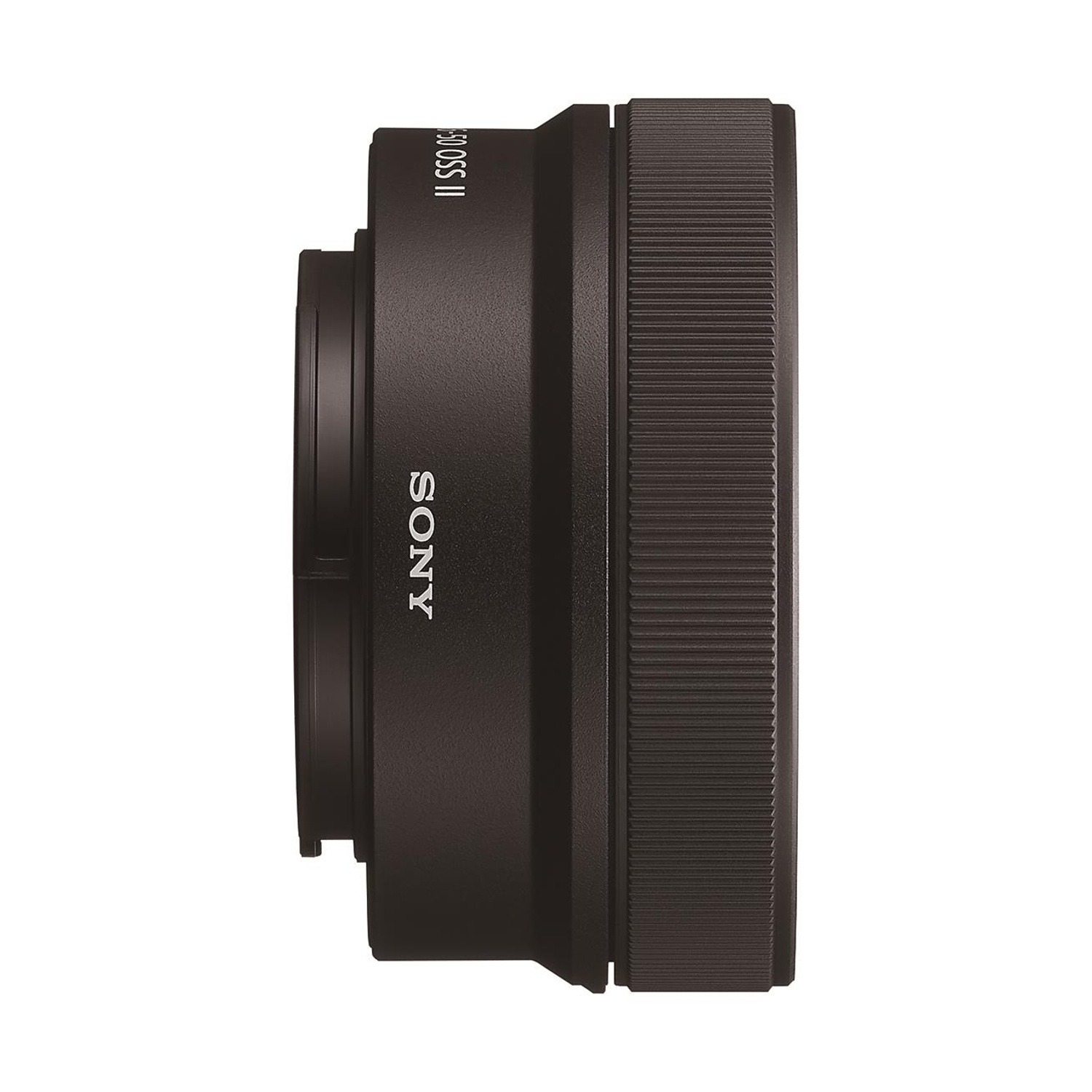 Lato dell'obiettivo nero della fotocamera con testo Sony, sfondo bianco.