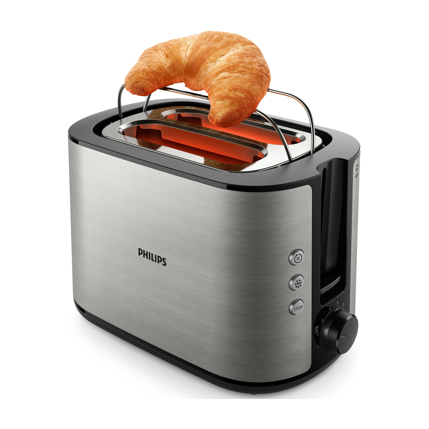 Un tostapane cromato e nero con un croissant sopra, su sfondo bianco.